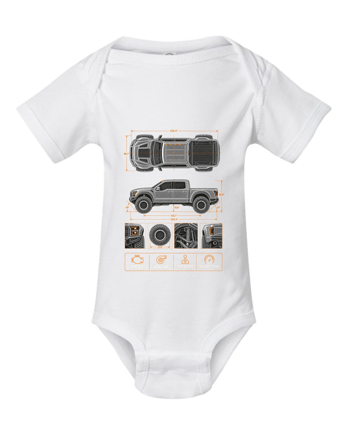 Ford F-150 Raptor Gen 2 P552 spec poster print with 450 HP and ten gears white baby onesie front view with the design