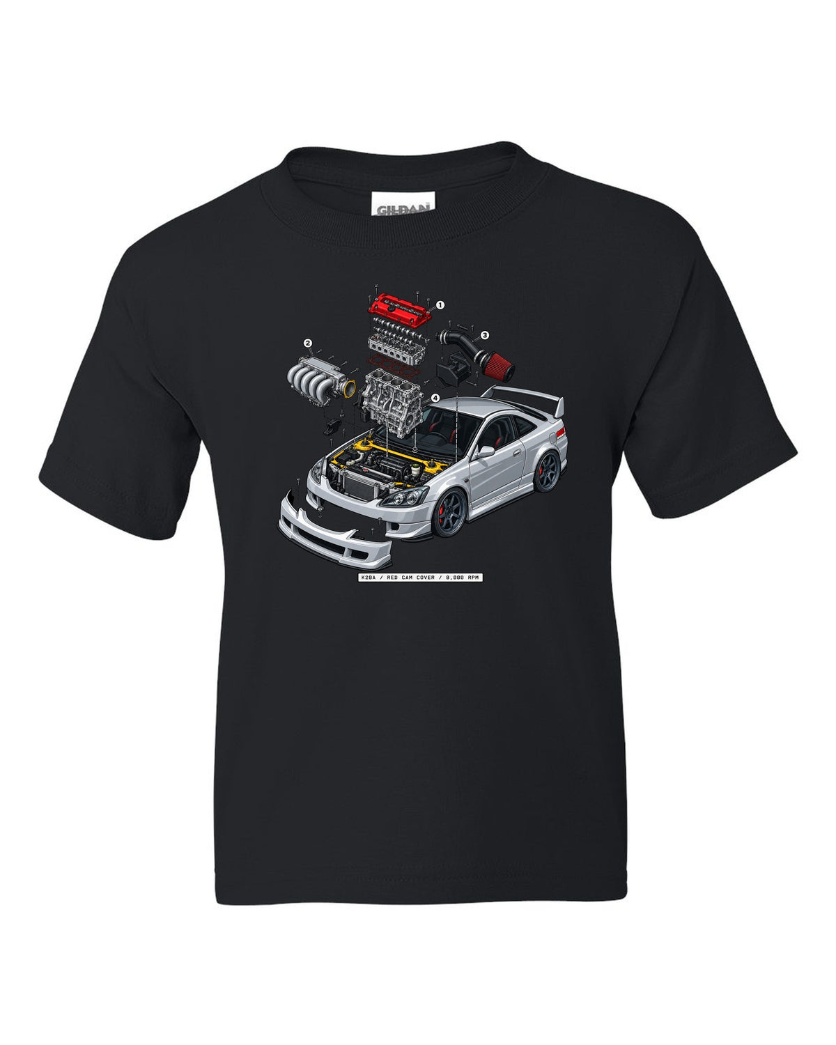 Exploded K20A engine diagram print of a 2002 Honda Integra DC5 ch with red cam cover text black kids tee front view with the design