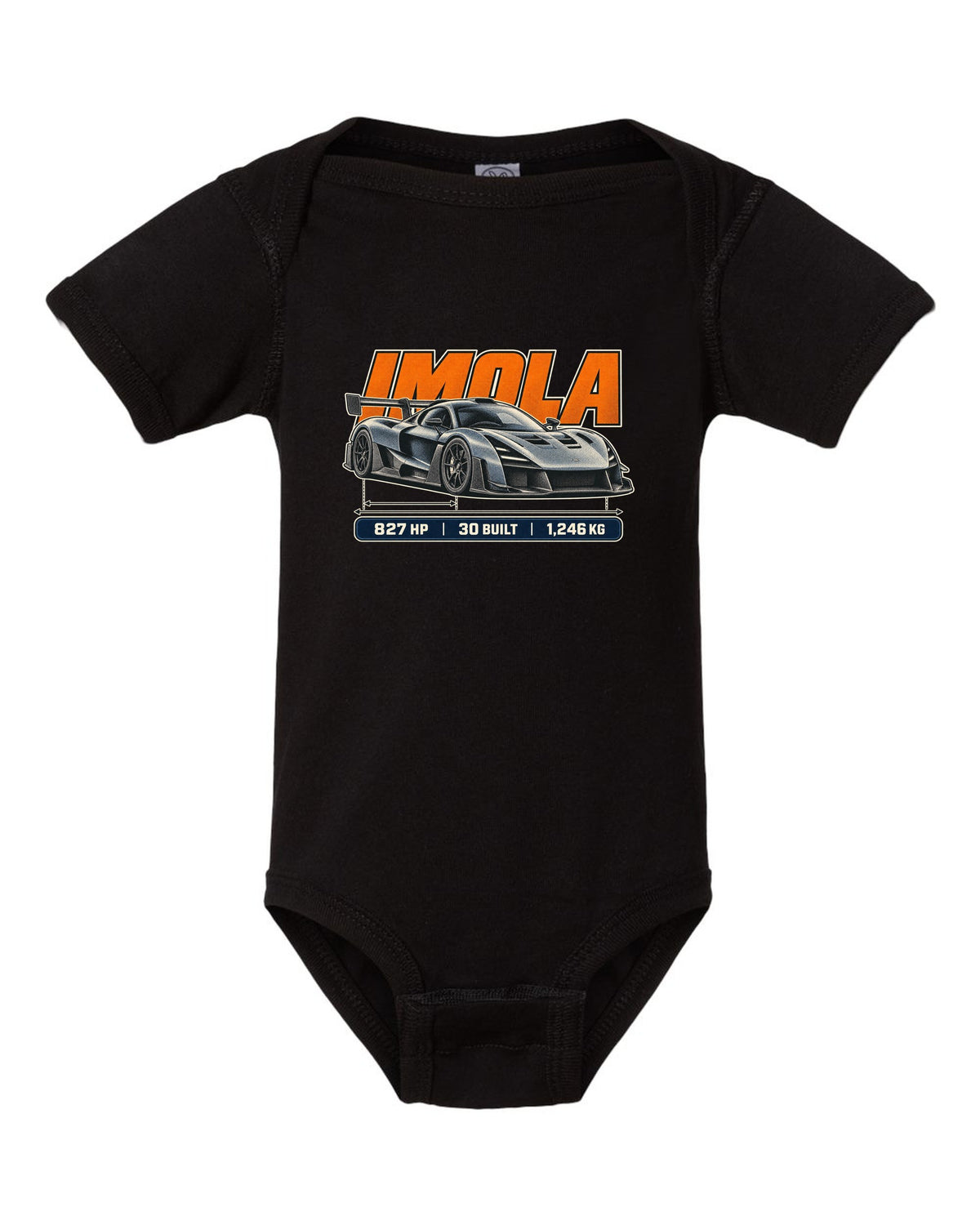 Halftone print of the Pagani Huayra Imola with the text Imola, 827 hp, 30 built, 1,246 kg black baby onesie front view with the design