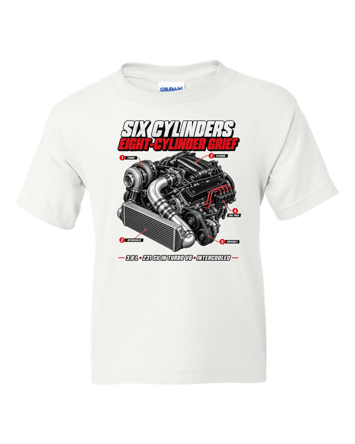 1987 Buick Grand National 3.8 turbo V6 engine callout print white kids tee front view with the design