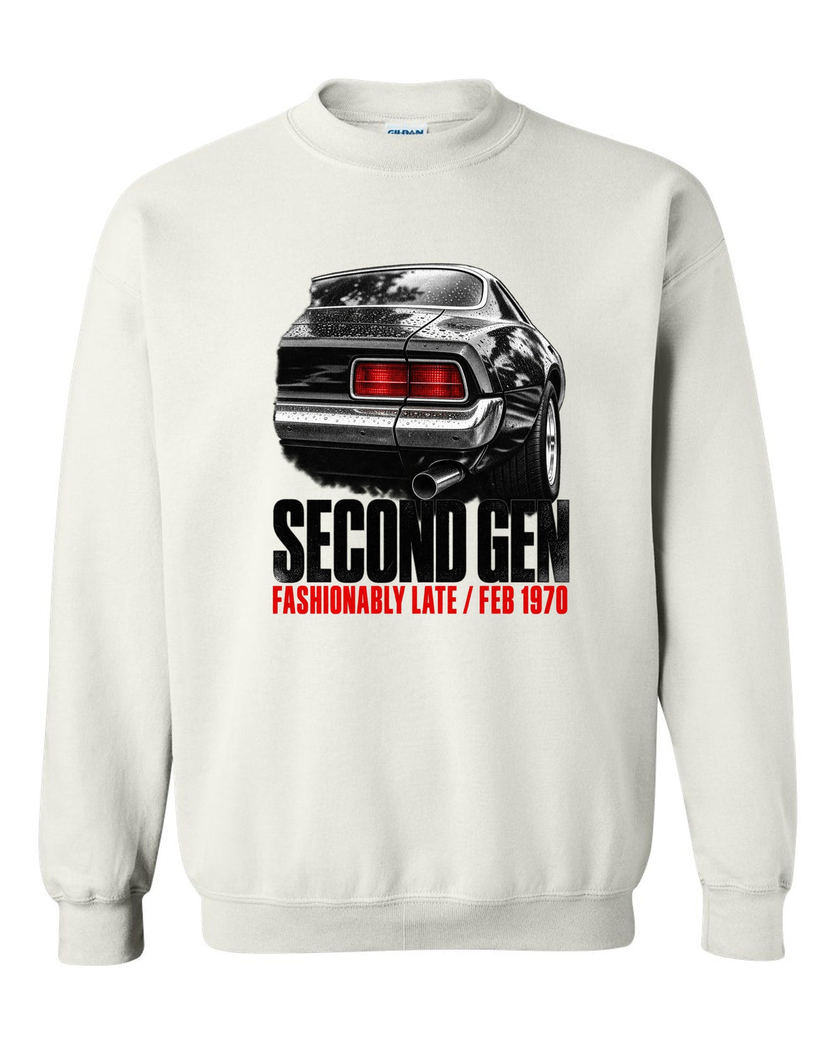Taillight macro print of a 1970 second-gen Chevrolet Camaro split bumper with Feb 1970 caption white crewneck front view with the design