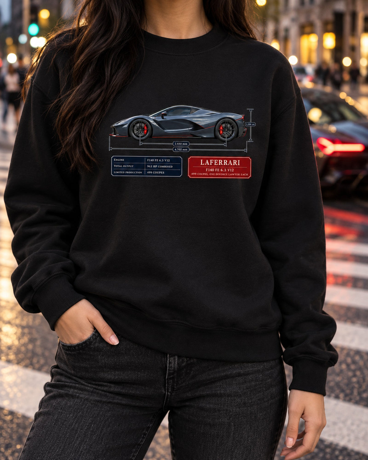 Ferrari LaFerrari F140 FE V12 Dimension Blueprint Shirt Crewneck Black worn hero