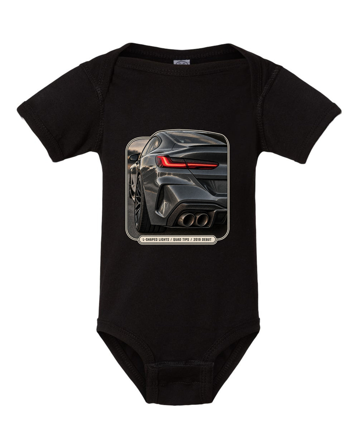 BMW M8 Competition F92 taillight detail macro print on a tee black baby onesie front view with the design