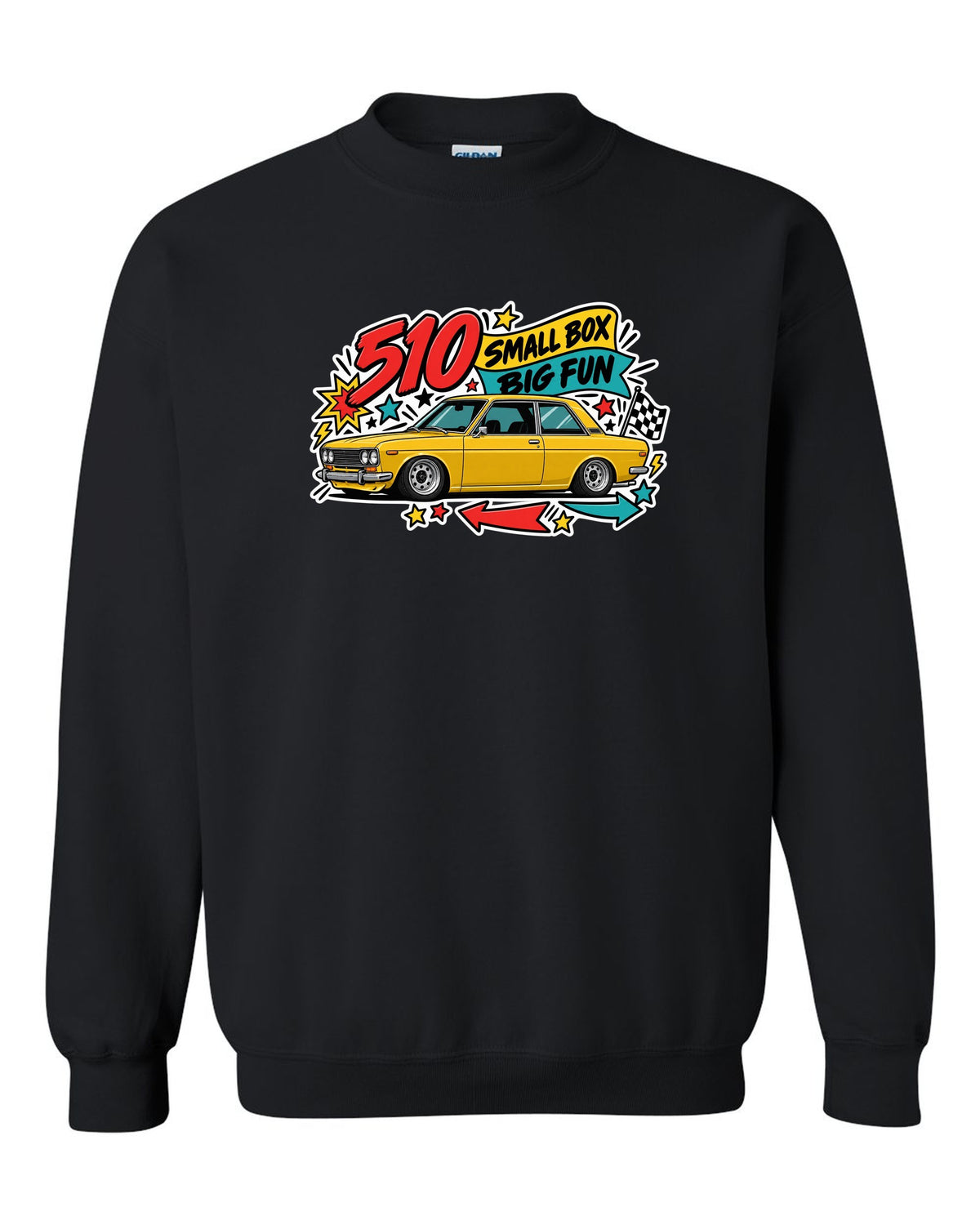 Sticker-bomb print for the Datsun 510 reading 510 Small Box Big Fun black crewneck front view with the design