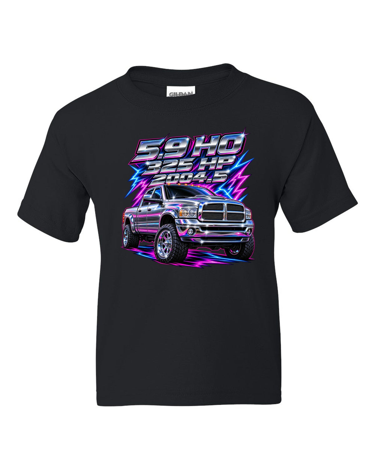 80s chrome airbrush print of a 2003-2009 Dodge Ram 2500 Cummins with 5.9 HO 325 HP 2004.5 text black kids tee front view with the design