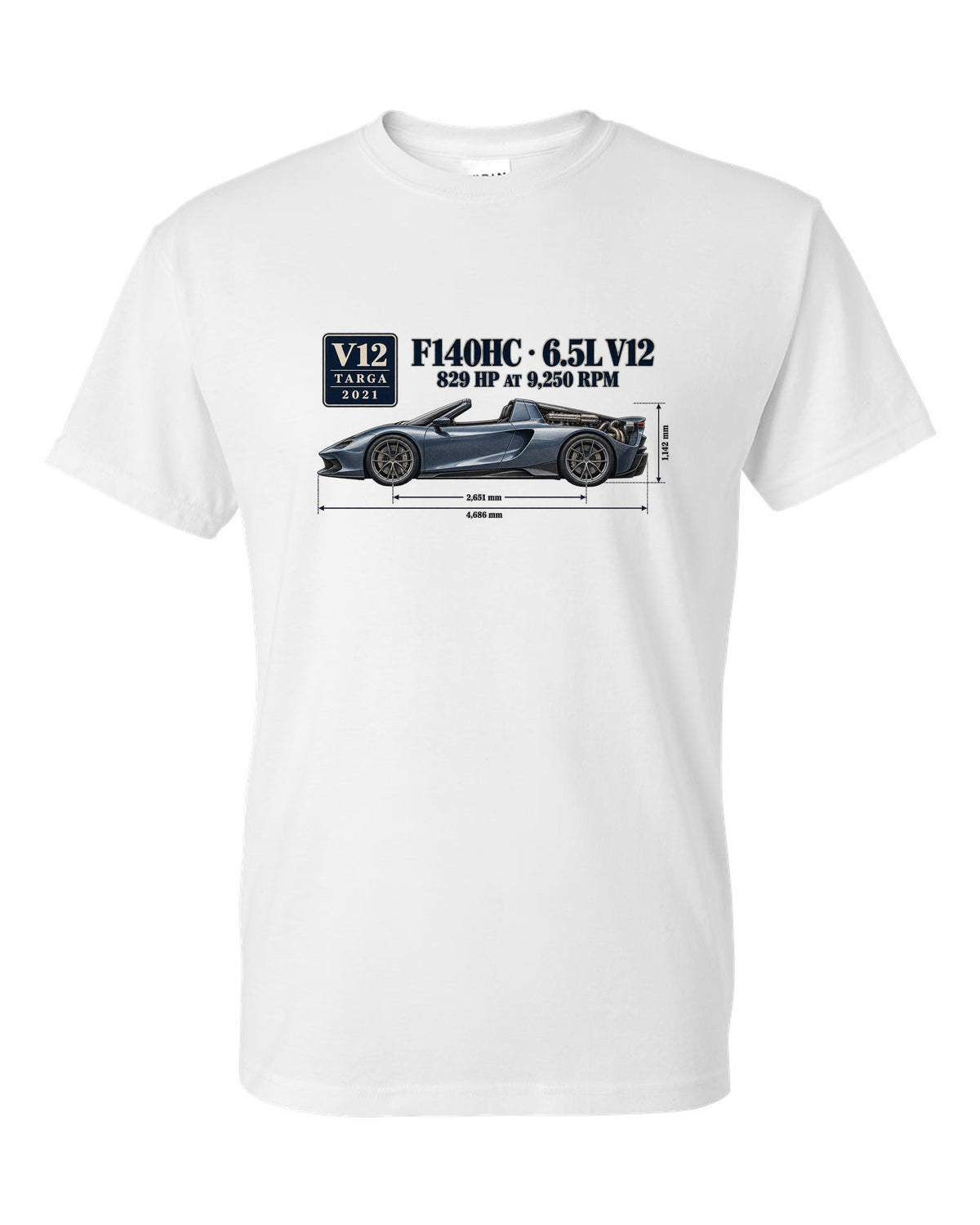 Ferrari Daytona SP3 dimension blueprint print with F140HC 6.5L V12 white t-shirt front view with the design