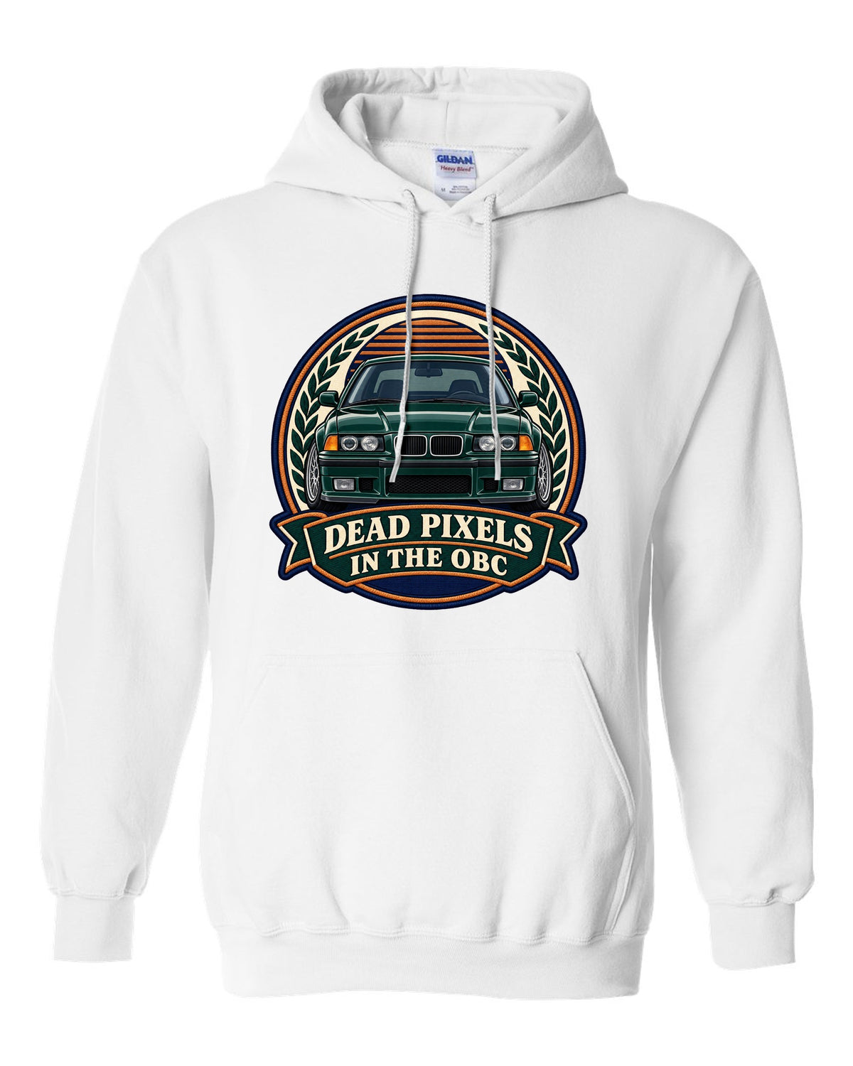 Varsity crest style print of a BMW E36 M3 coupe with dead pixels in the OBC text white pull over hoodie front view with the design