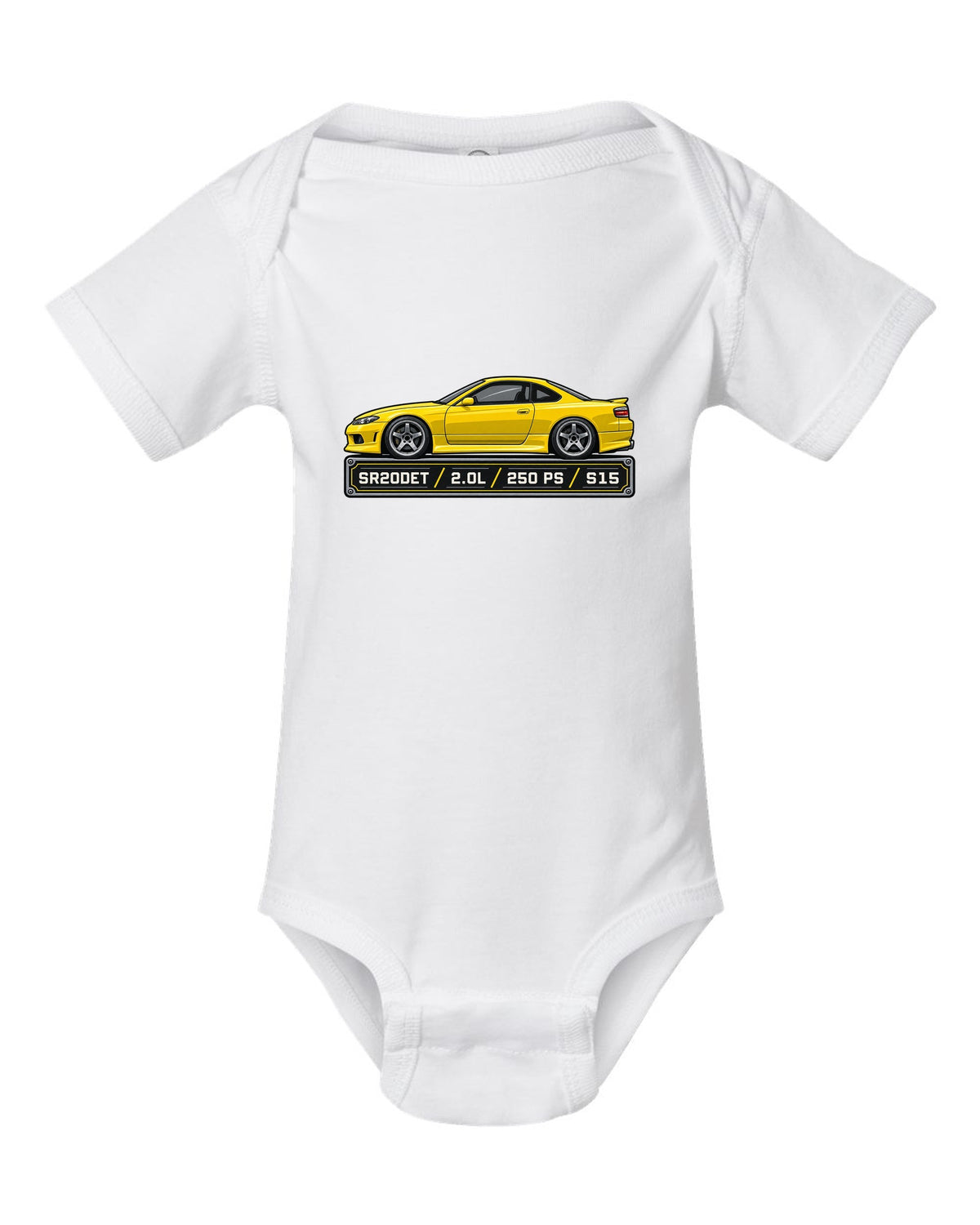 Spec-sheet data plate print for the Nissan Silvia S15 listing SR20DET 2.0L 250 PS white baby onesie front view with the design
