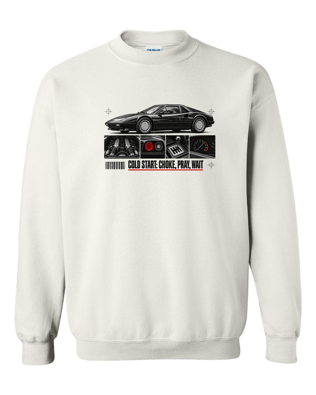 Dossier-panel print of a Ferrari 308 GTB/GTS with the line Cold Start: Choke, Pray, Wait white crewneck front view with the design
