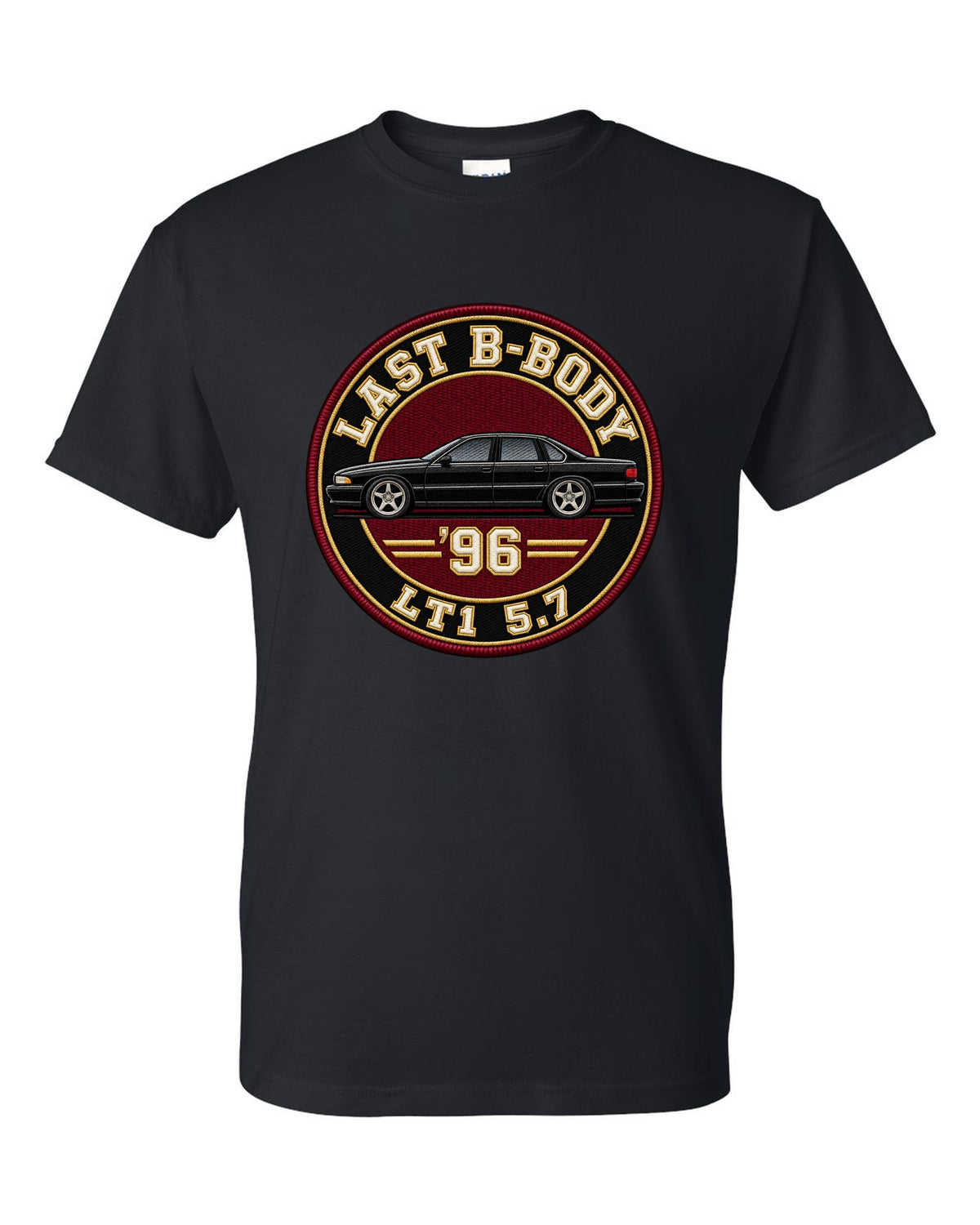 Varsity crest print for the 1996 Chevrolet Impala SS reading Last B-Body, '96, LT1 5.7 black t-shirt front view with the design