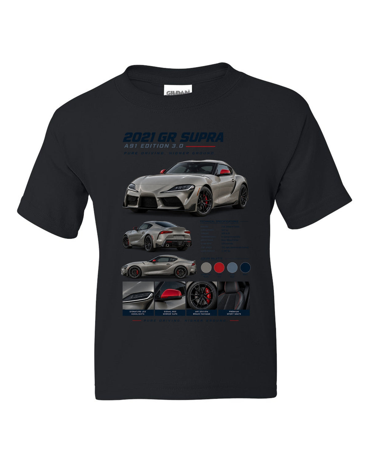 Dossier panel layout of the 2021 Toyota GR Supra A91 Edition in warm grey pearl with red mirror caps black kids tee front view with the design
