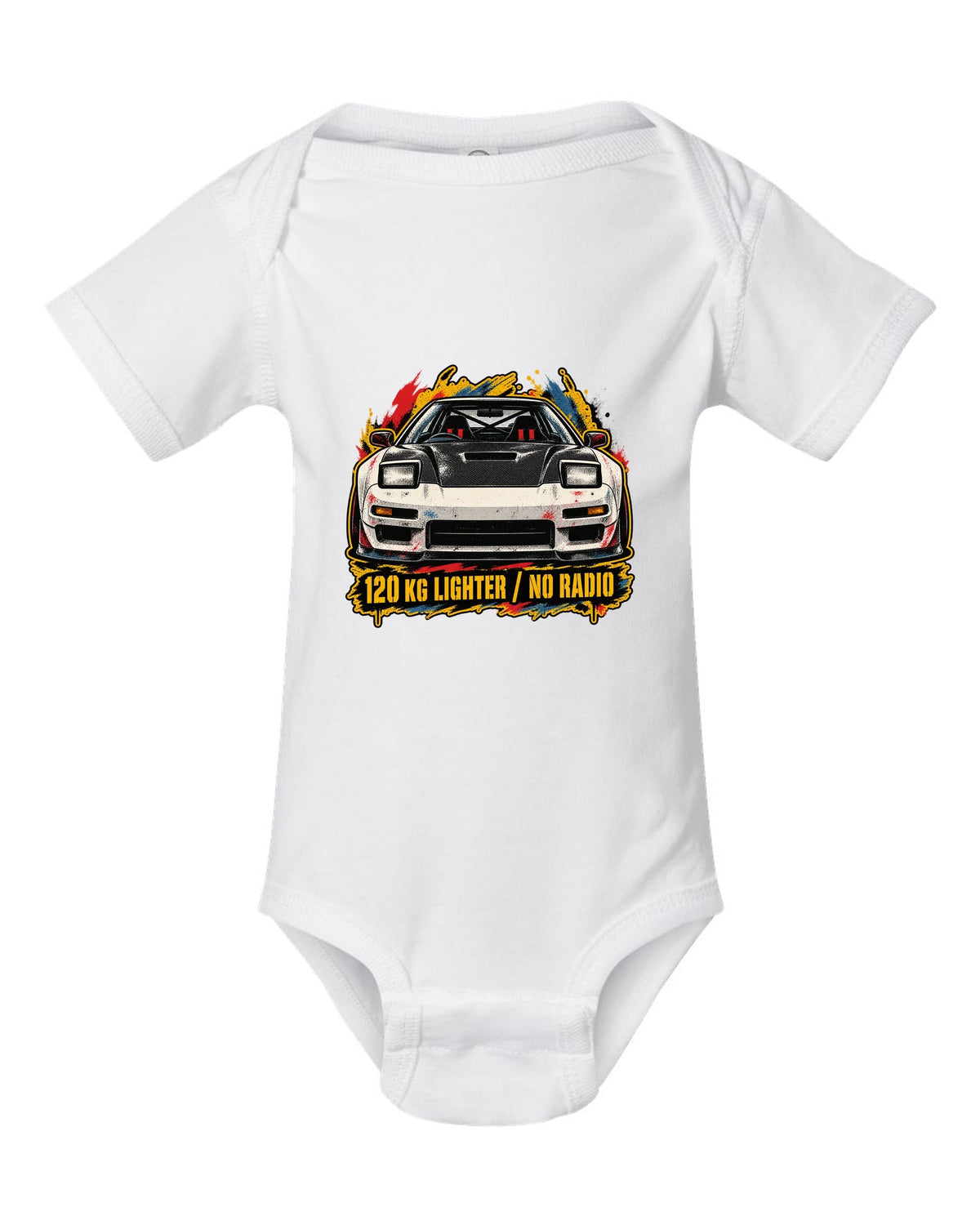 Grunge screen-print stencil print of a Honda NSX-R NA1 with 120 KG lighter no radio text white baby onesie front view with the design