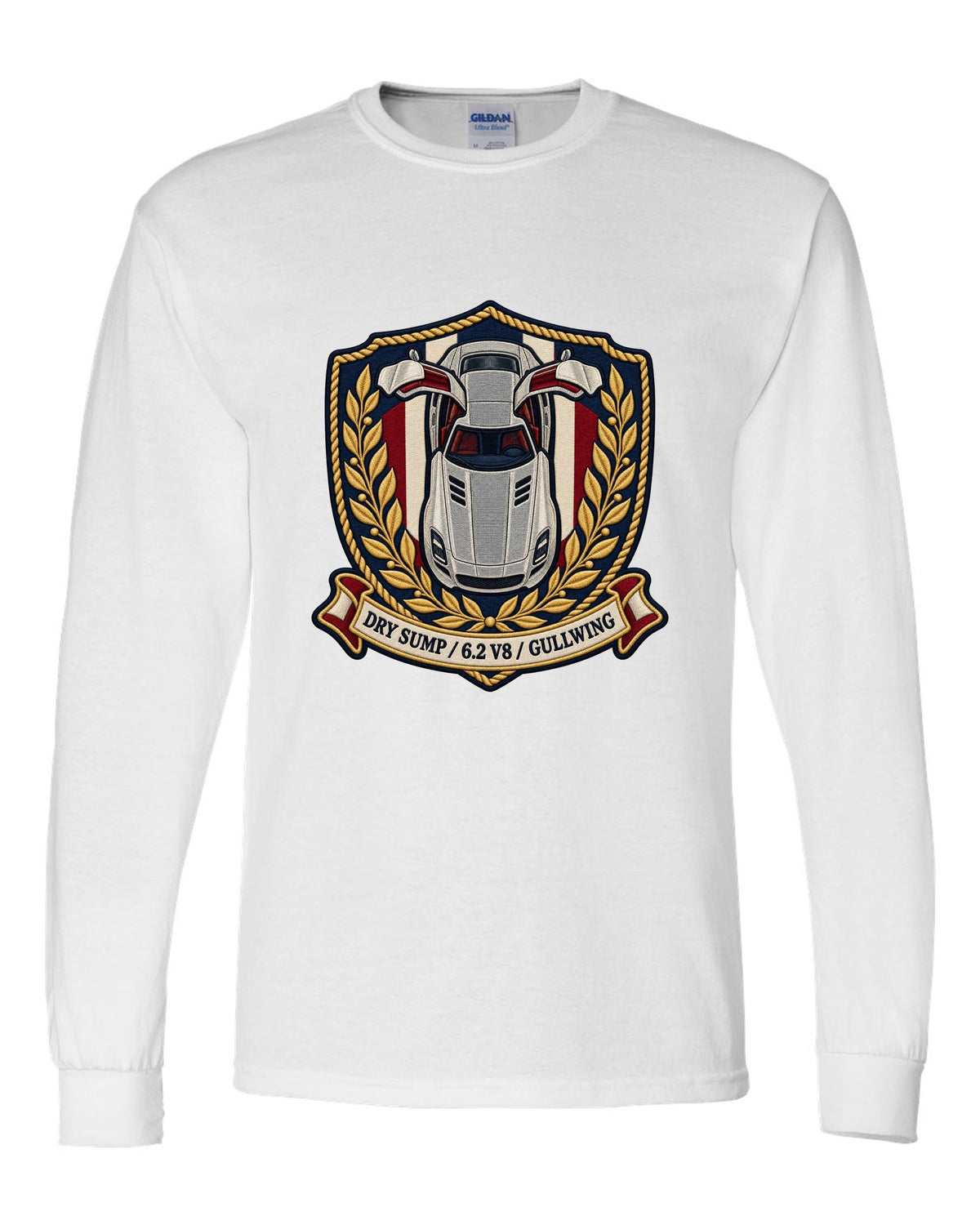 Embroidery style shield crest showing an overhead Mercedes SLS AMG C197 with gullwing doors open white long sleeve front view with the design