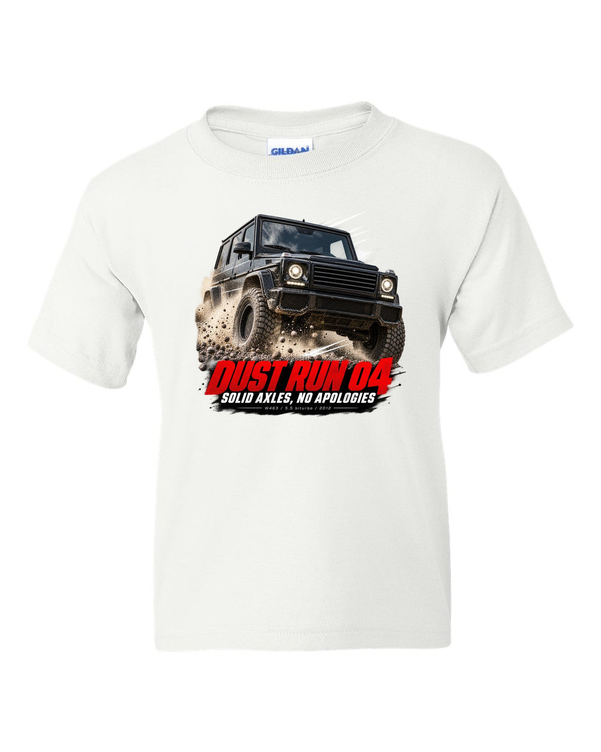 Race poster print of a Mercedes G63 AMG W463 with Dust Run 04 Solid Axles lettering white kids tee front view with the design