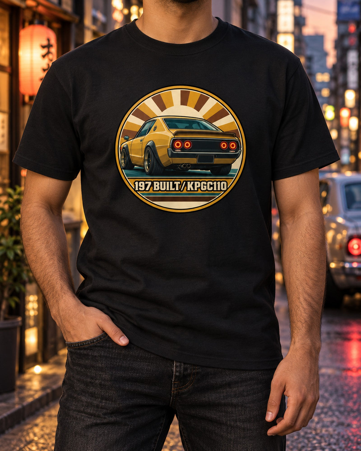 Skyline Kenmeri KPGC110 Round Crest Tee, Surfboard Print T-Shirt Black worn hero