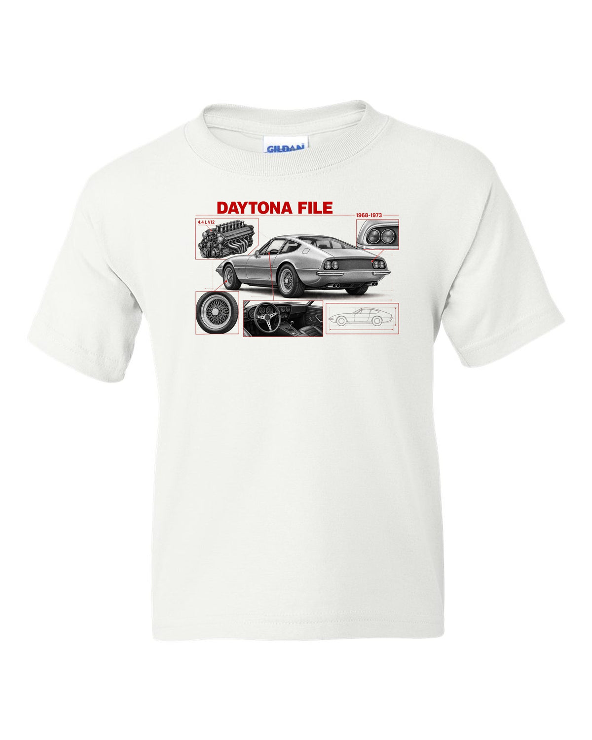 Engine hero print of a Ferrari 365 GTB/4 Daytona V12 with six twin-choke Weber carburettors white kids tee front view with the design