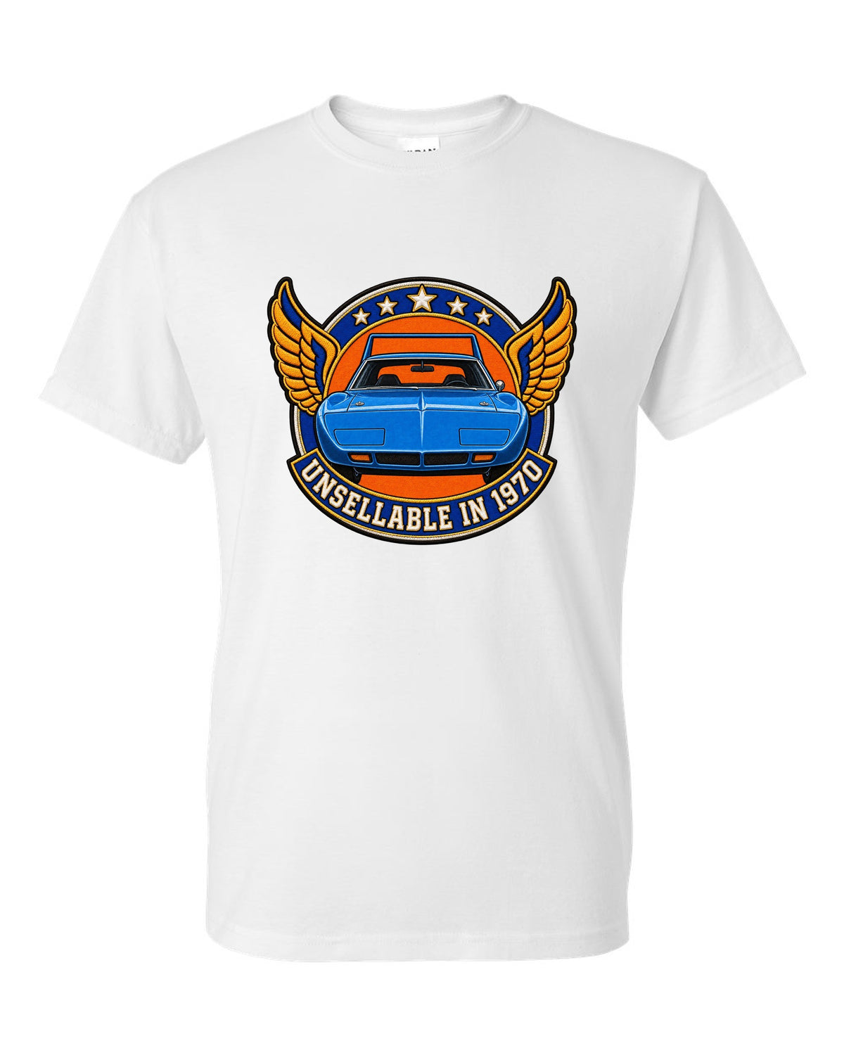 Embroidery-style varsity crest for the 1970 Plymouth Superbird with unsellable in 1970 text white t-shirt front view with the design