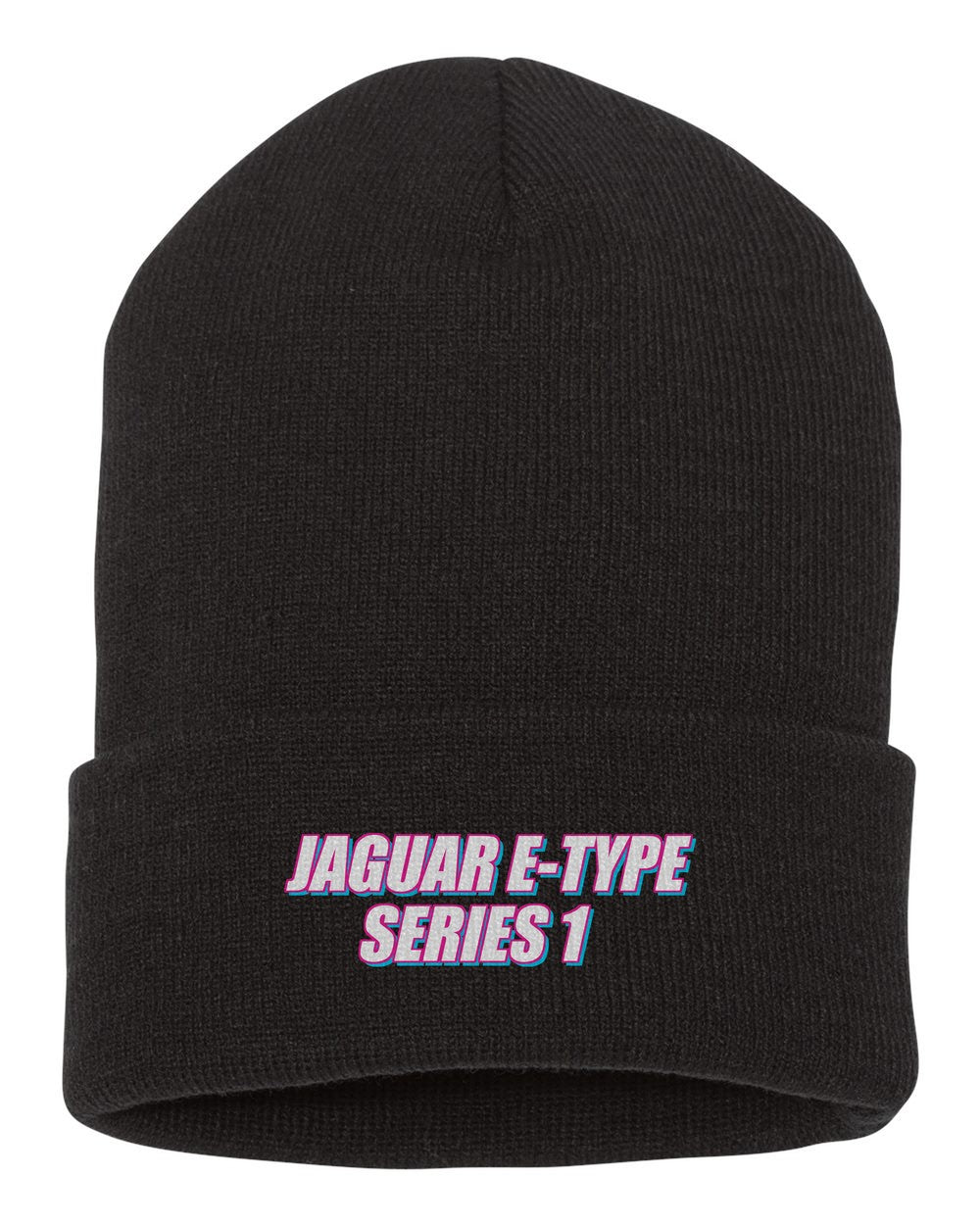 Jaguar E-Type Series 1 black beanie front view with car name
