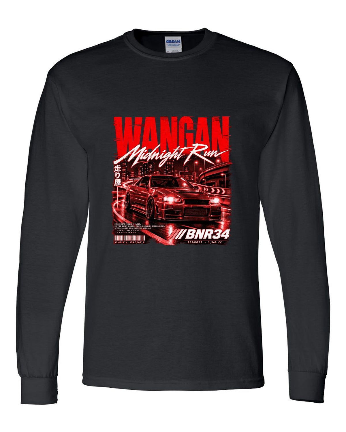 Street poster print of a Nissan Skyline GT-R R34 BNR34 with Wangan Midnight Run text black long sleeve front view with the design