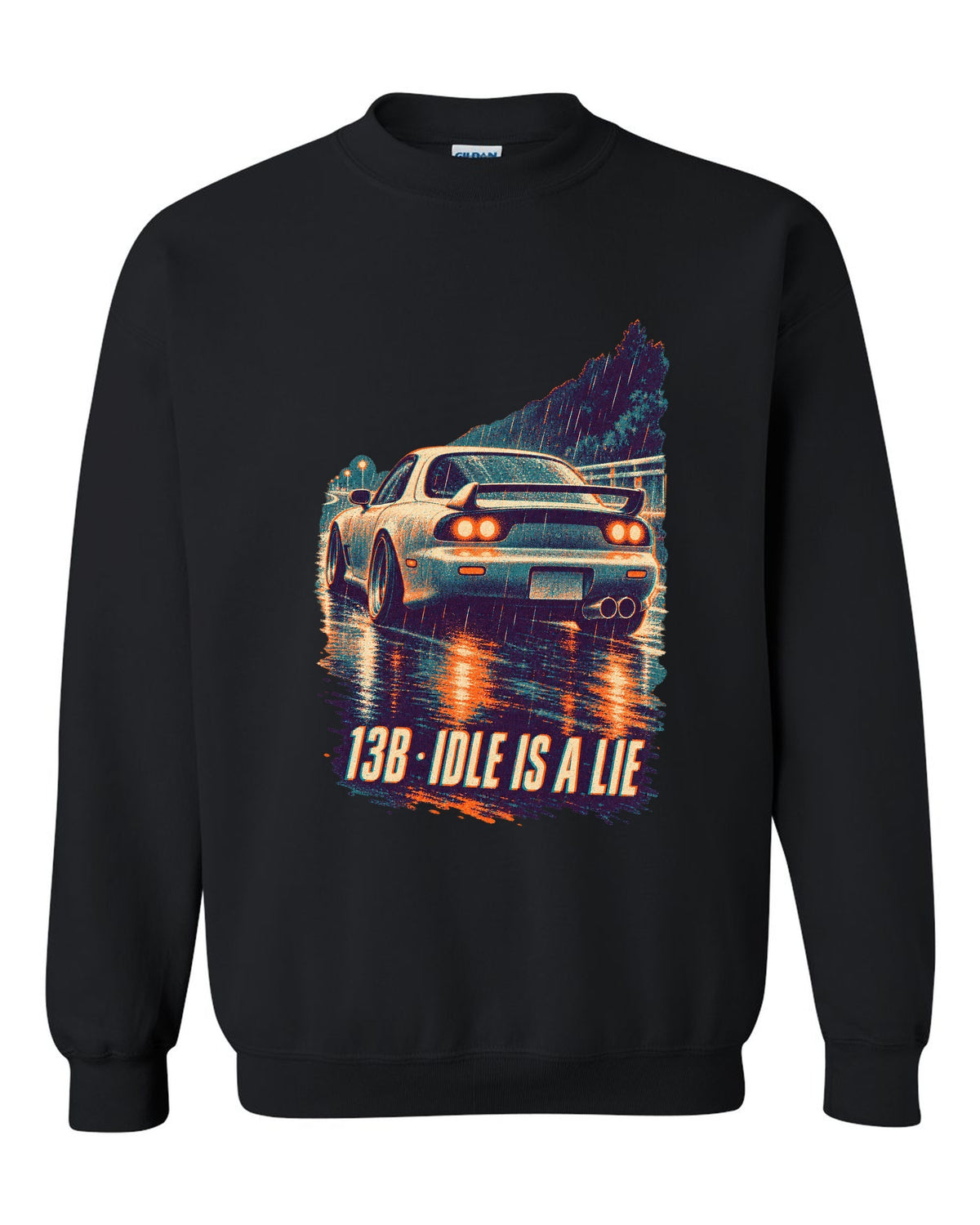 Three-colour risograph print for the Mazda RX-7 FD3S with 13B idle is a lie lettering black crewneck front view with the design