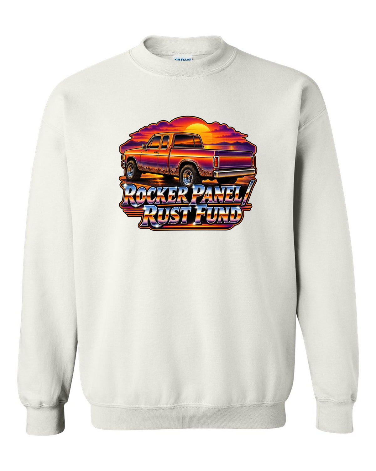 70s airbrush sunset print of a 1999-2006 Chevrolet Silverado GMT800 with Rocker Panel Rust Fund text white crewneck front view with the design