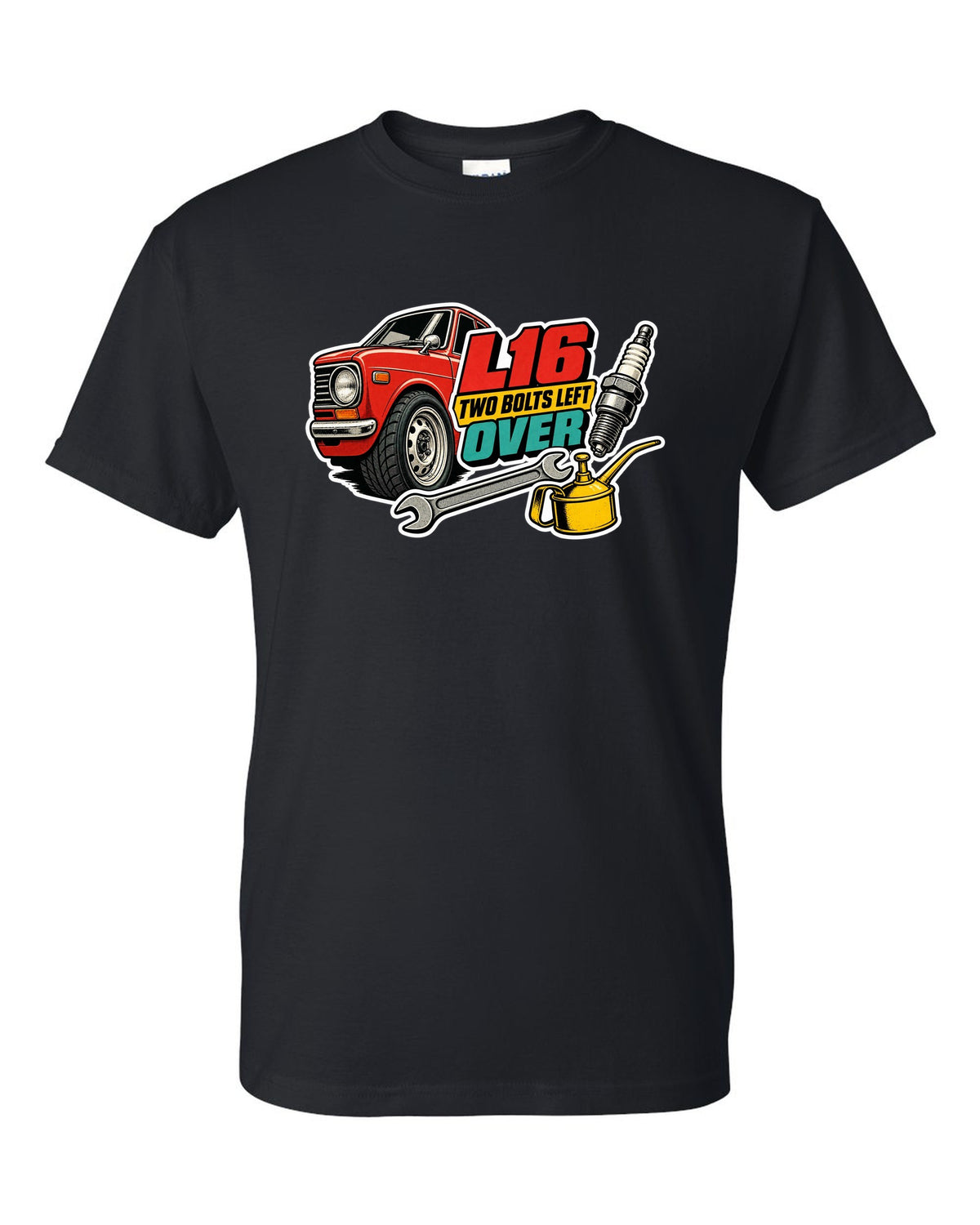 Datsun 510 wheel and fender sticker-bomb collage with L16 text on the front of a shirt black t-shirt front view with the design