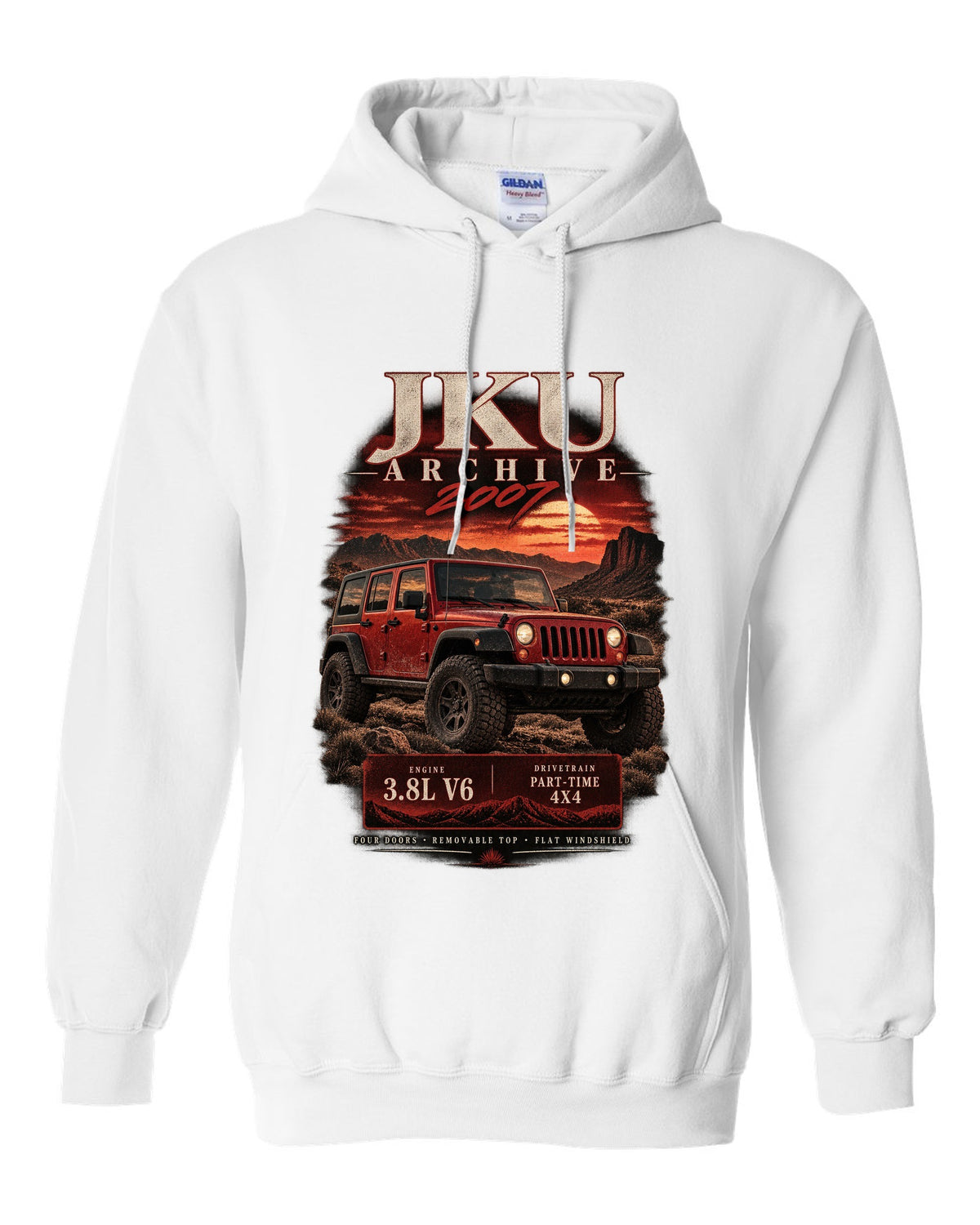 Archive panel print for the 2007 Jeep Wrangler JKU, 3.8L V6 four-door white pull over hoodie front view with the design