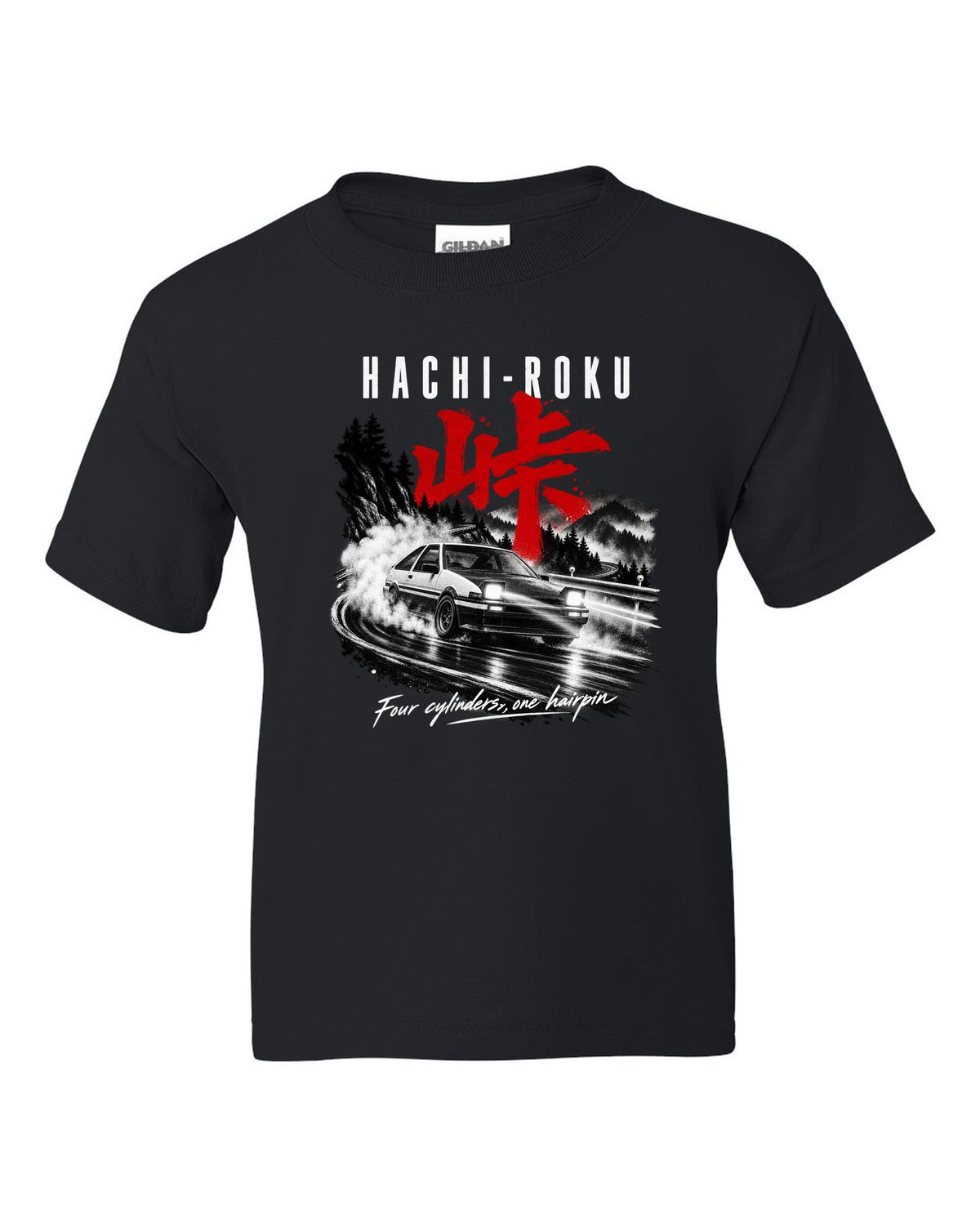 print of a Toyota AE86 Sprinter Trueno on a night touge with Hachi-Roku lettering and a hairpin bend black kids tee front view with the design