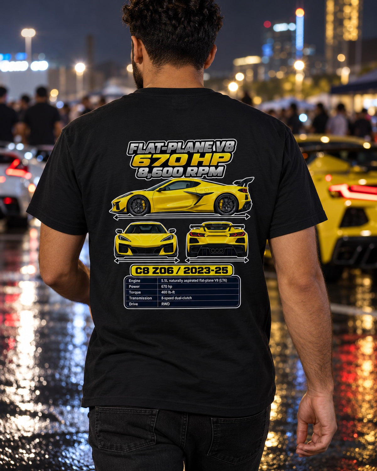 Chevrolet Corvette C8 Z06 Spec Sheet Full-Back Graphic Tee T-Shirt Black worn hero