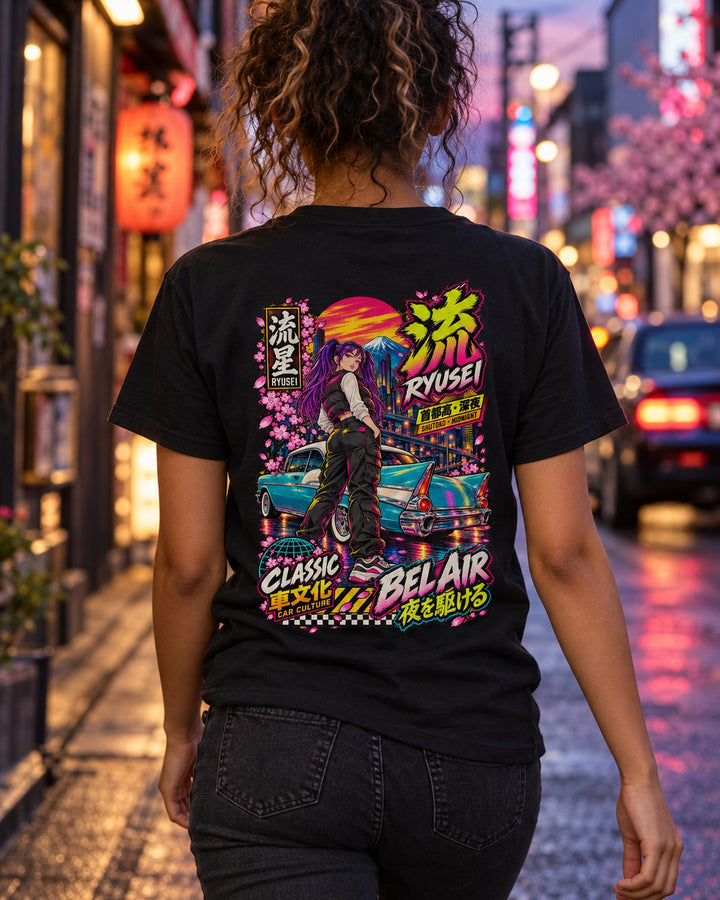 RYUSEI BEL AIR Anime Girl Full-Back Graphic Tee T-Shirt Black worn hero