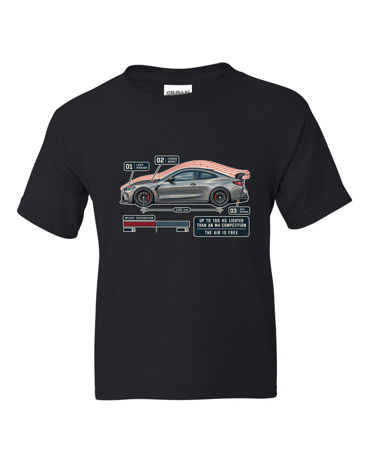 BMW M4 CSL G82 aero flow cutaway print black kids tee front view with the design