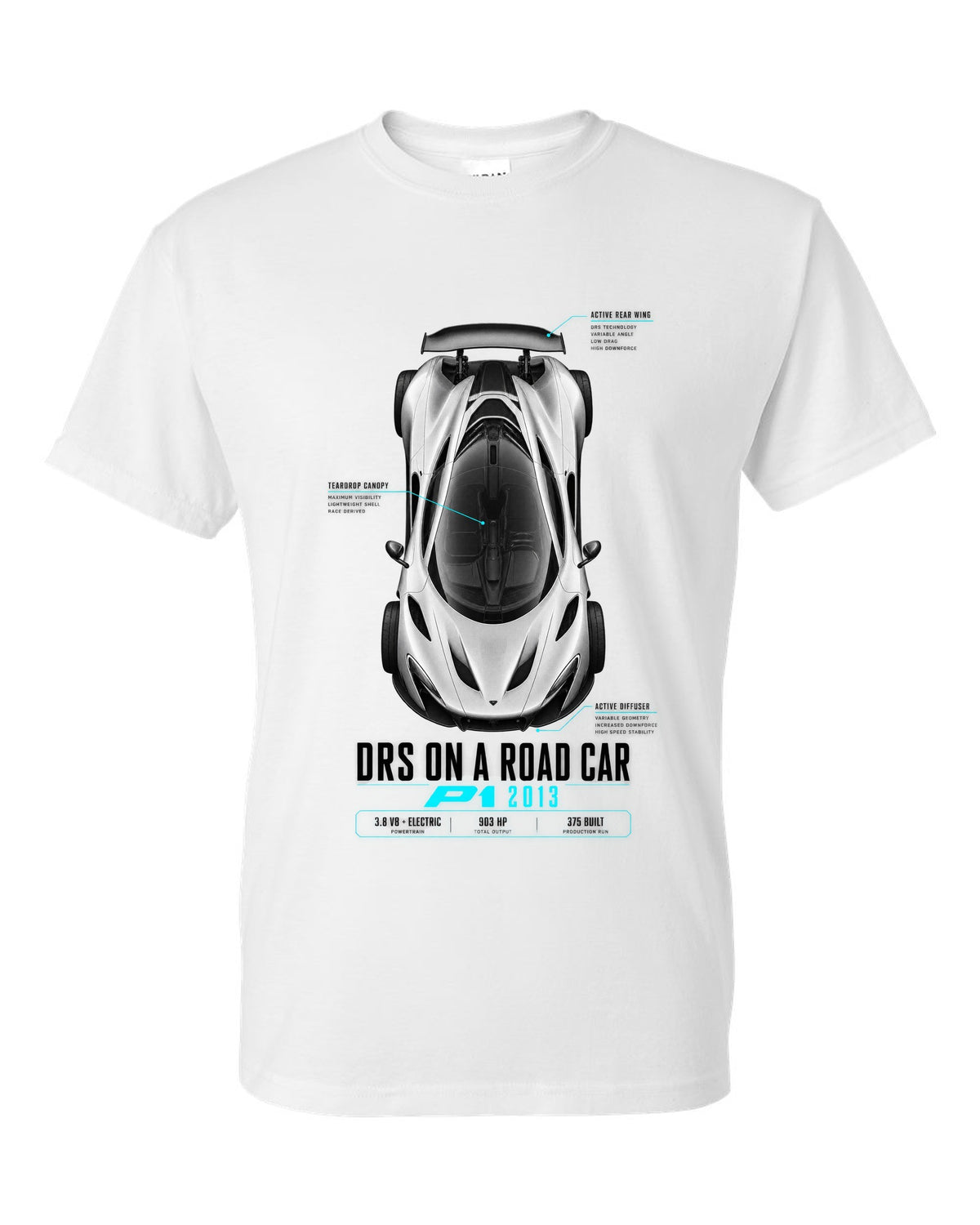 Spec poster print of a 2013 McLaren P1 with DRS on a road car text white t-shirt front view with the design