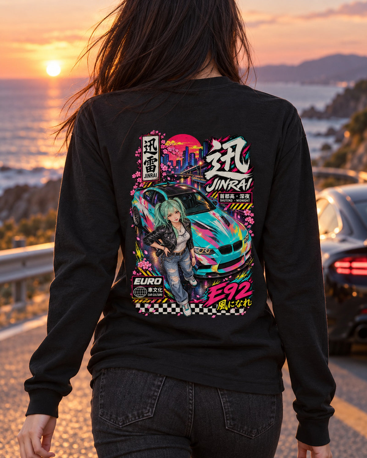 JINRAI E92 Anime Girl Full-Back Graphic Tee Long Sleeve Black worn hero