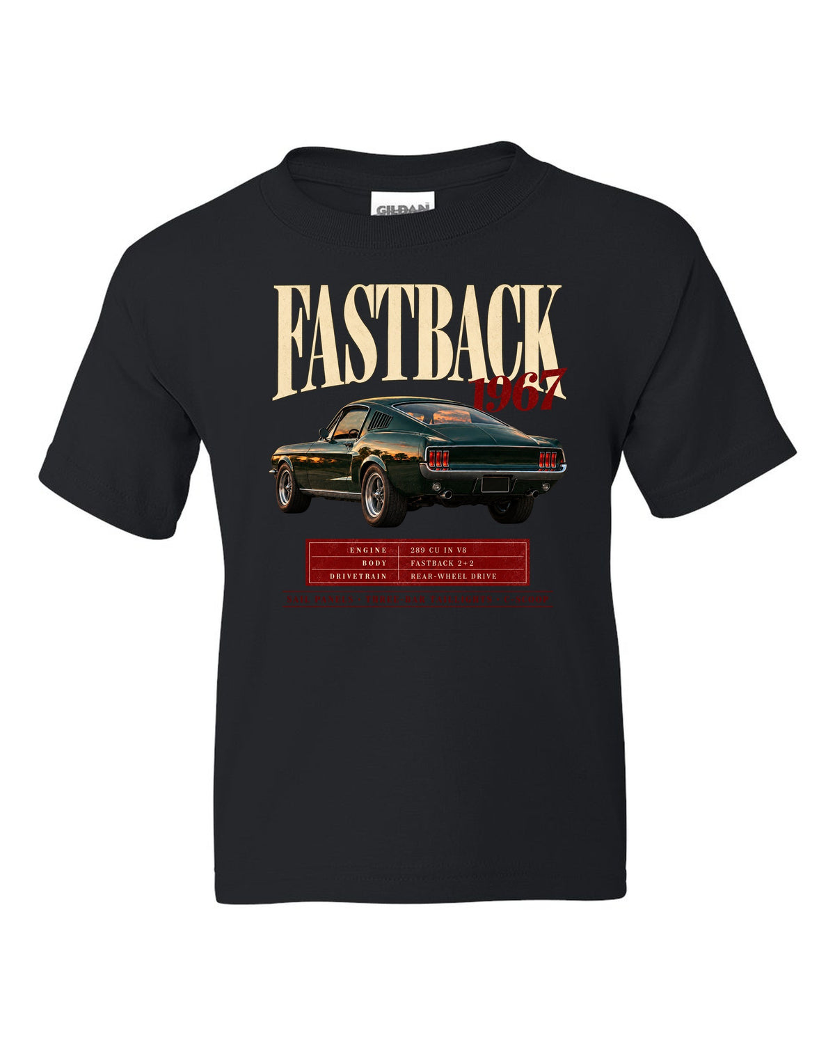 Archive panel illustration of a 1967 Ford Mustang fastback with 289 V8 spec callouts black kids tee front view with the design