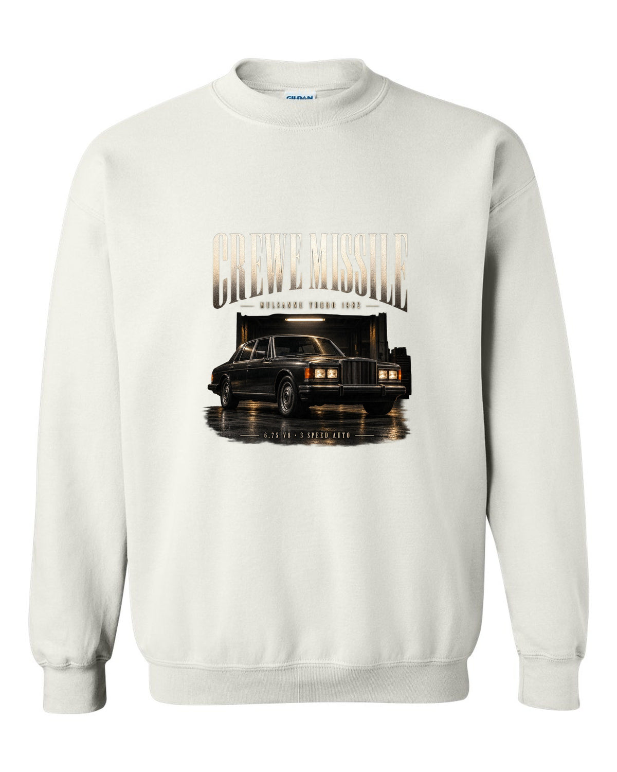 Bentley Mulsanne Turbo 1982 in a garage at night white crewneck front view with the design
