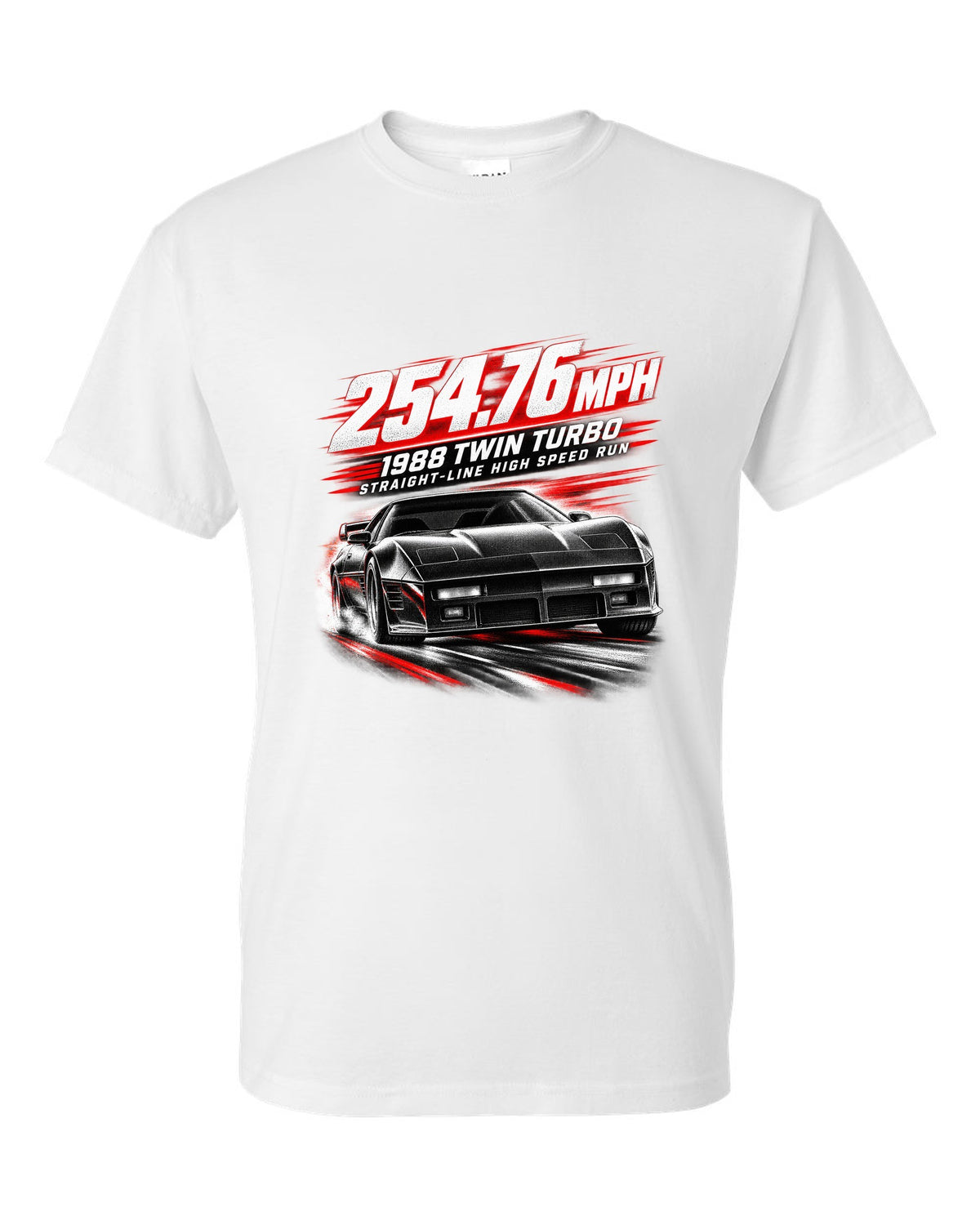 Callaway Sledgehammer 1988 twin-turbo C4 coupe race poster print 254.76 mph white t-shirt front view with the design
