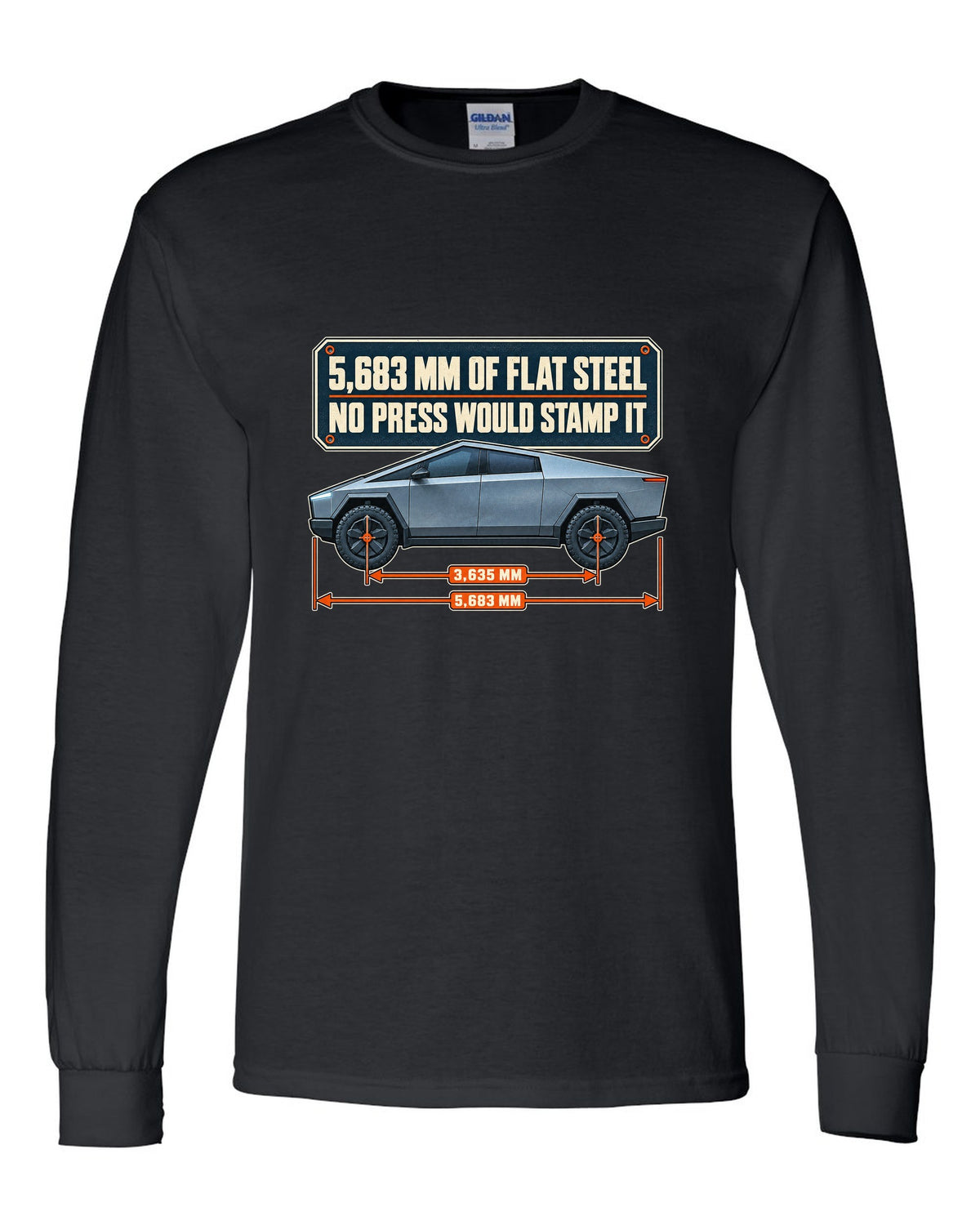 Dimension blueprint print of a Tesla Cybertruck with 5,683 mm length black long sleeve front view with the design