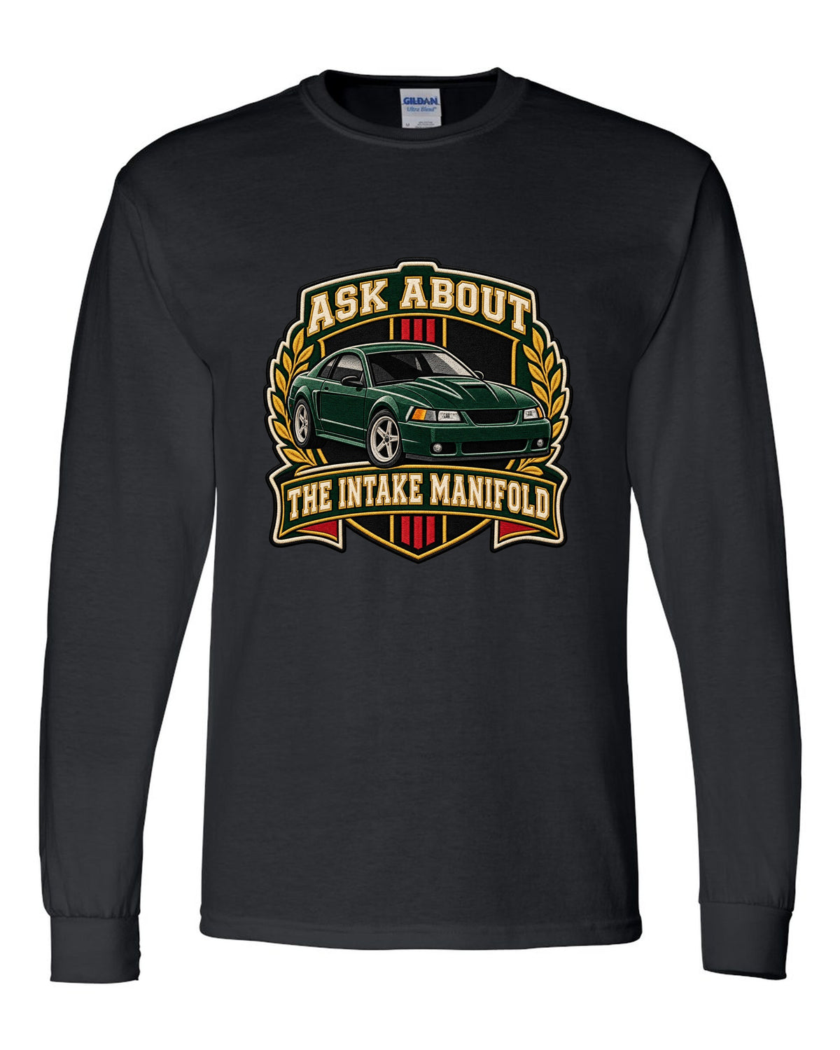 Varsity crest of a Ford Mustang New Edge coupe with intake manifold text black long sleeve front view with the design