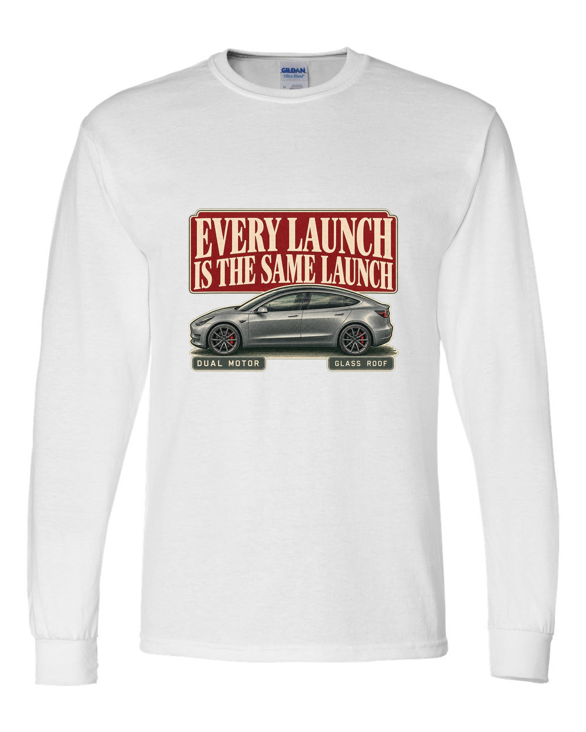 Tesla Model 3 Performance Editorial Headline Tee, 2018-2023 white long sleeve front view with the design