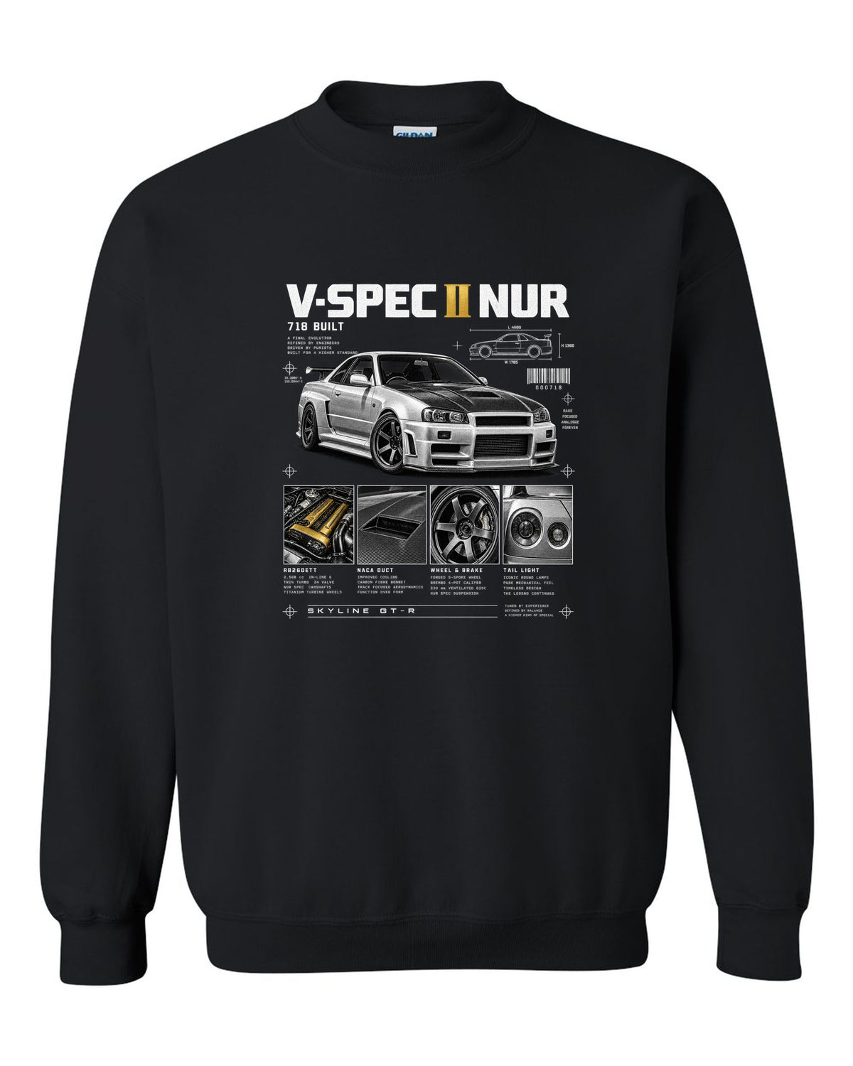 Dossier panels of a Nissan Skyline GT-R R34 V-Spec II Nur with 718 built and gold cam covers lettering black crewneck front view with the design