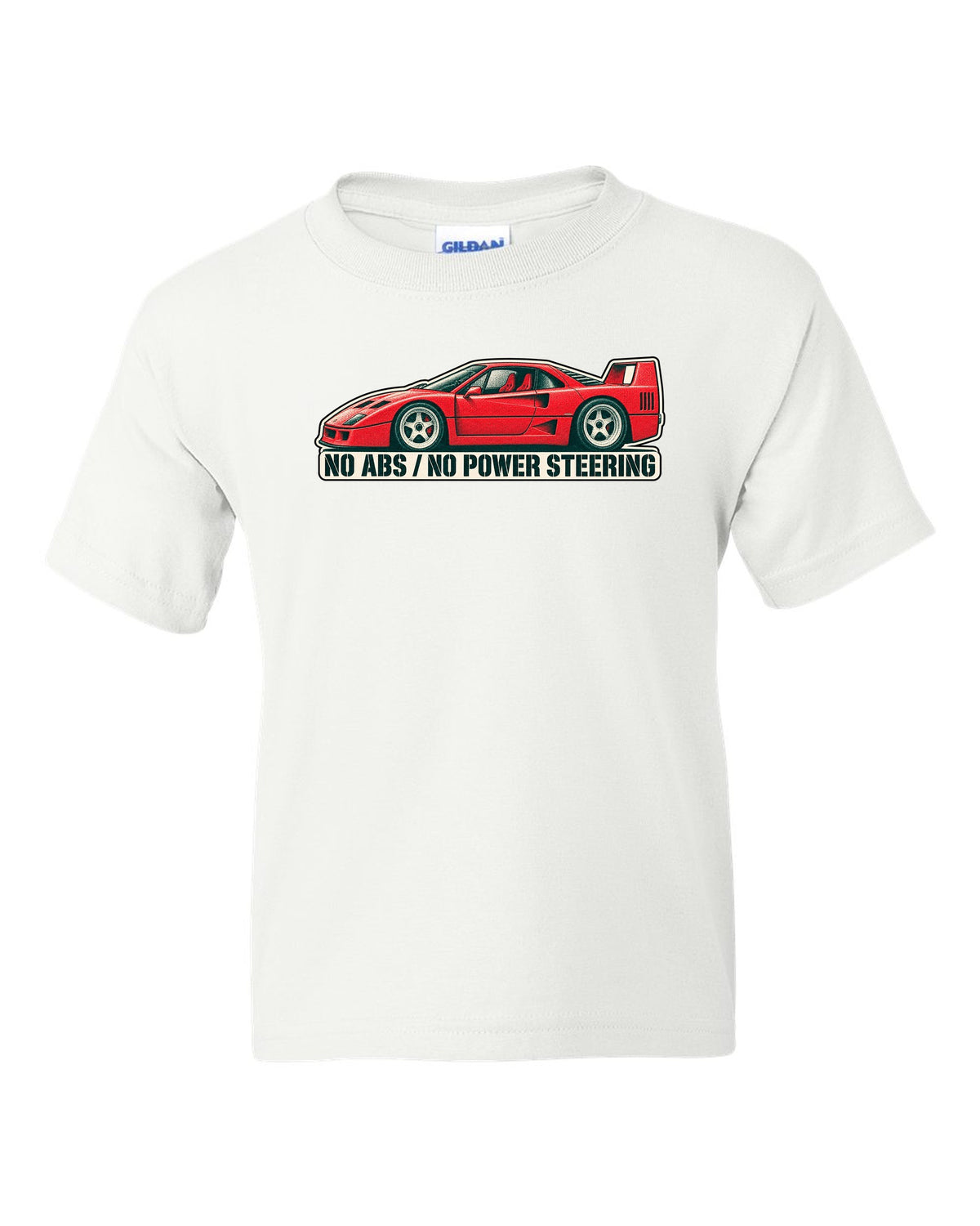 Two-colour halftone risograph print of a 1987 Ferrari F40 F120 with no ABS and no power steering text white kids tee front view with the design