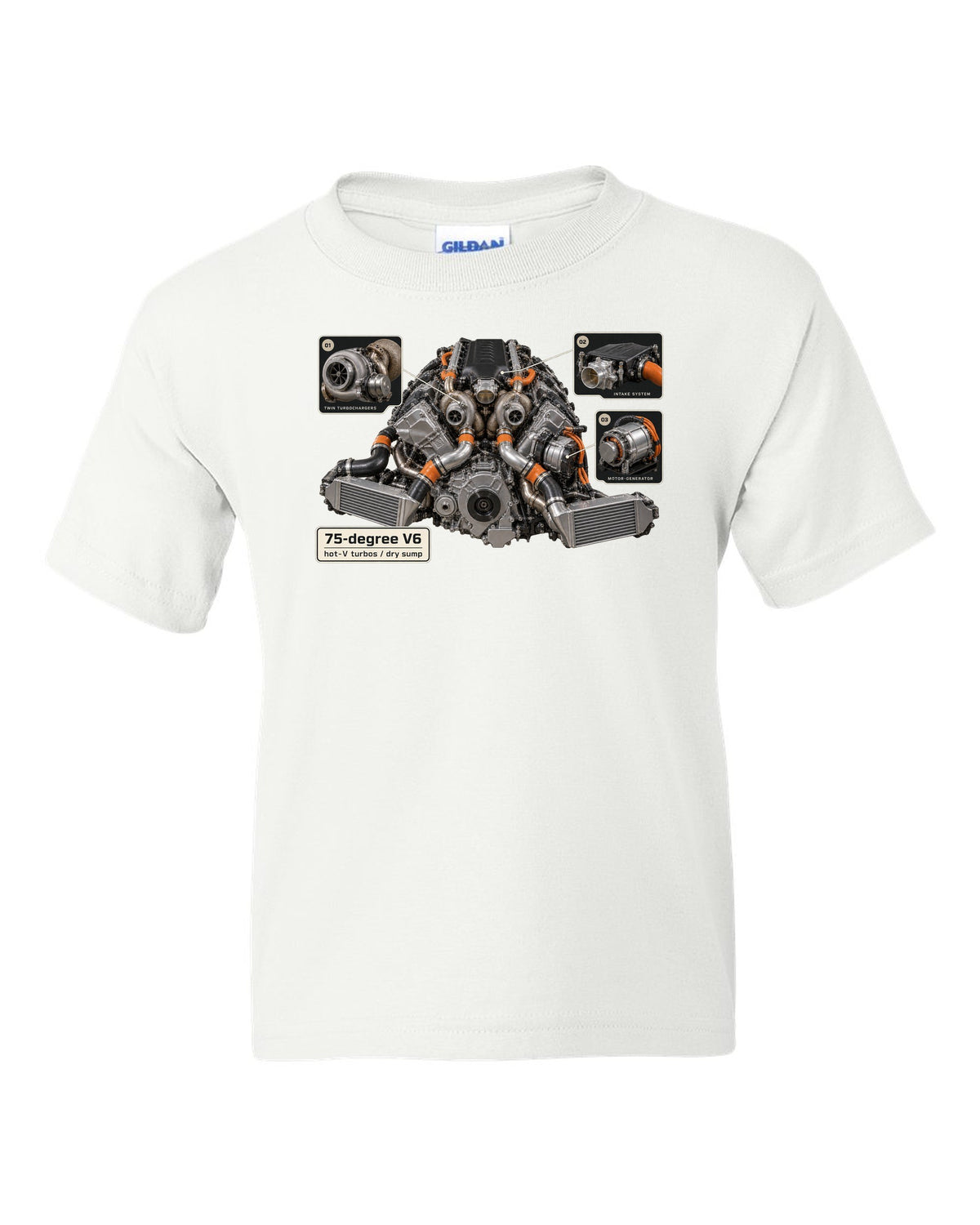 Engine bay print of an Acura NSX NC1 3.5L twin-turbo V6 white kids tee front view with the design