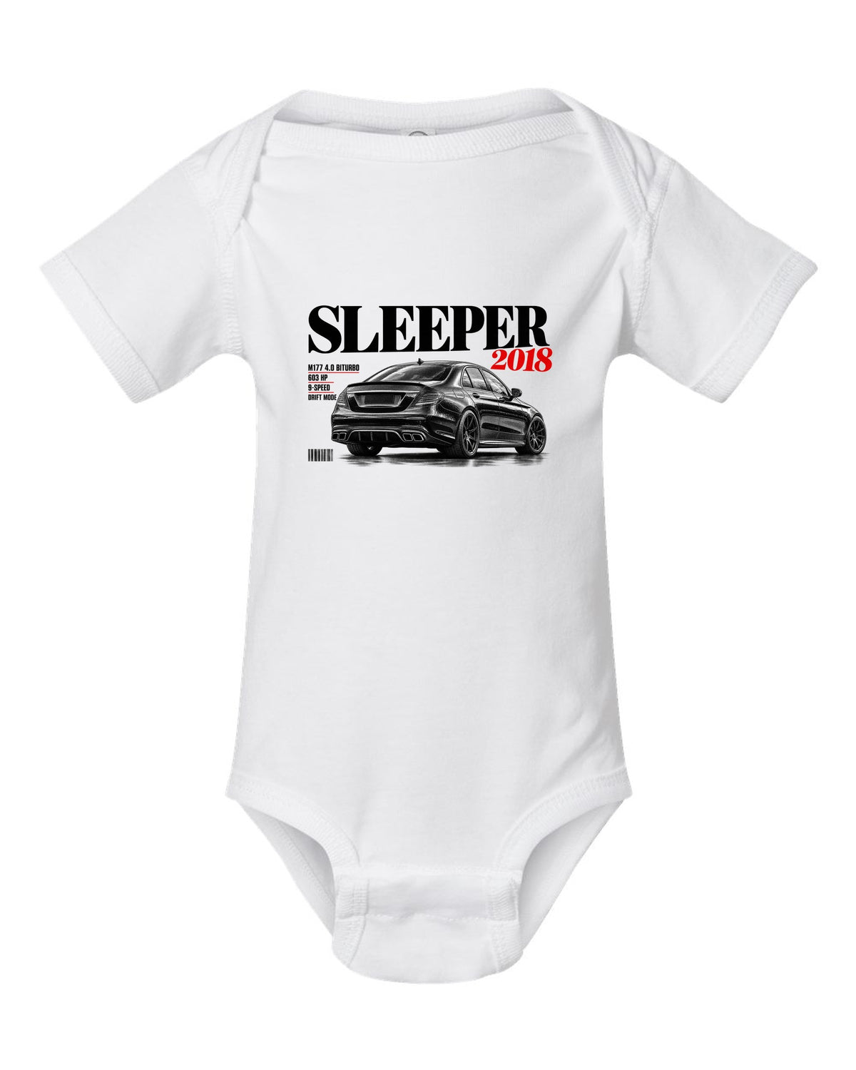print editorial headline of a Mercedes W213 E63 S M177 with text Sleeper 2018 4.0 Biturbo 603 HP white baby onesie front view with the design