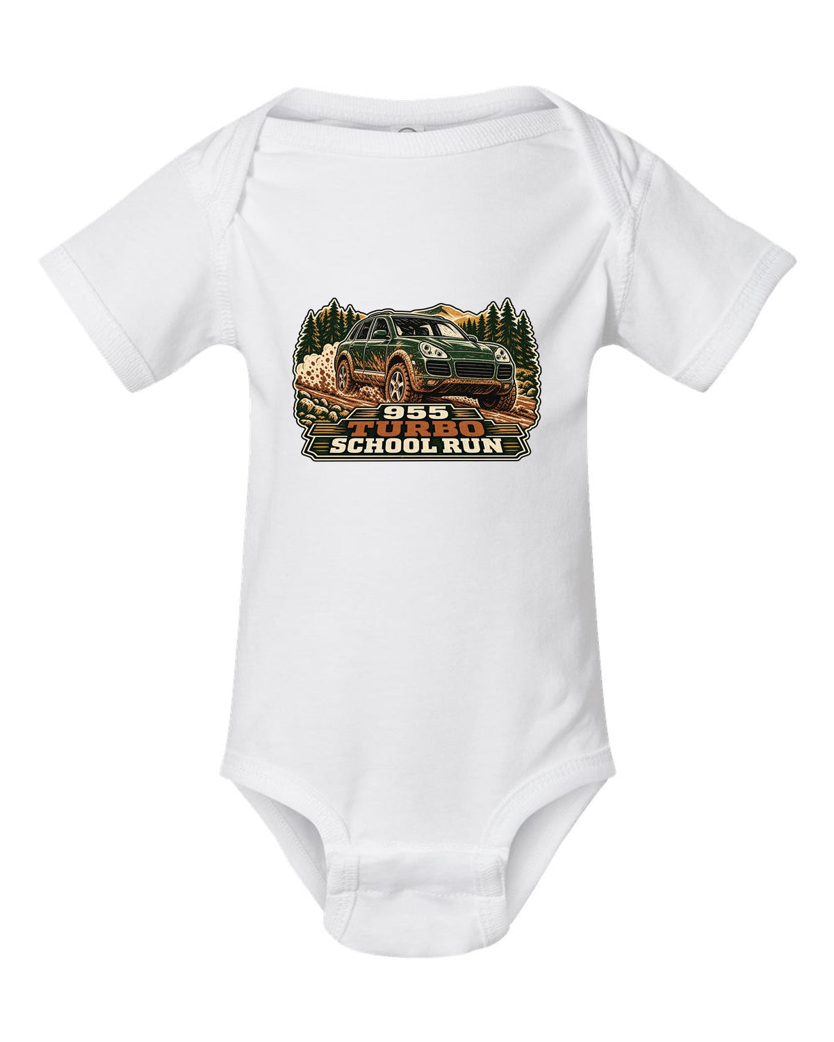 Multi-block linocut print of a muddy Porsche Cayenne Turbo 955 with the text 955, turbo, school run white baby onesie front view with the design