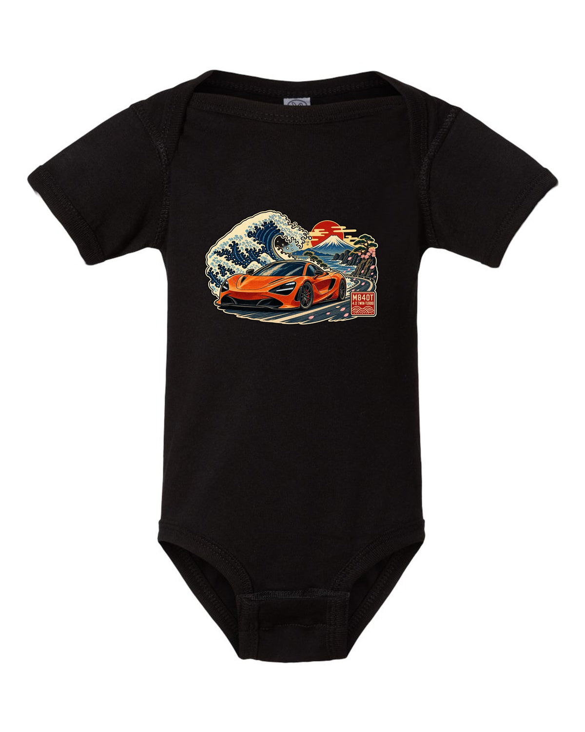 Ukiyo-e woodblock wave print of a McLaren 720S with M840T and 4.0 Twin-Turbo lettering black baby onesie front view with the design