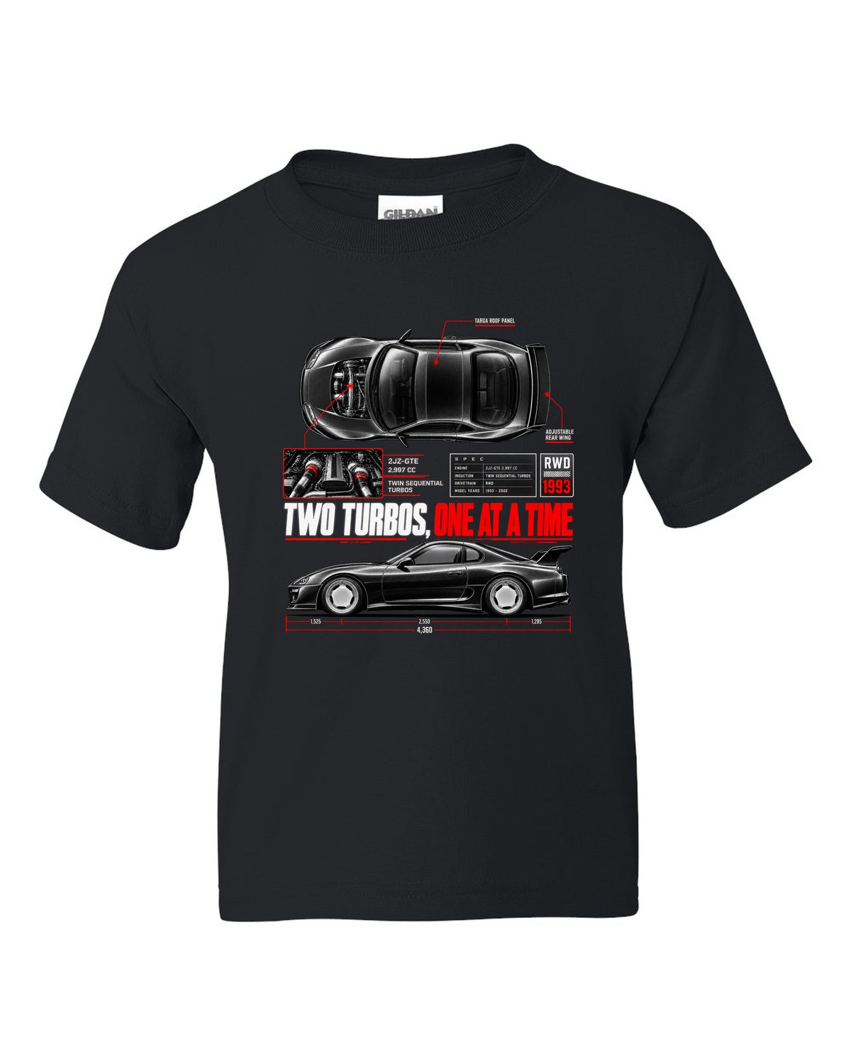 Spec poster print of a Toyota Supra A80 JZA80 with 2JZ-GTE lettering black kids tee front view with the design