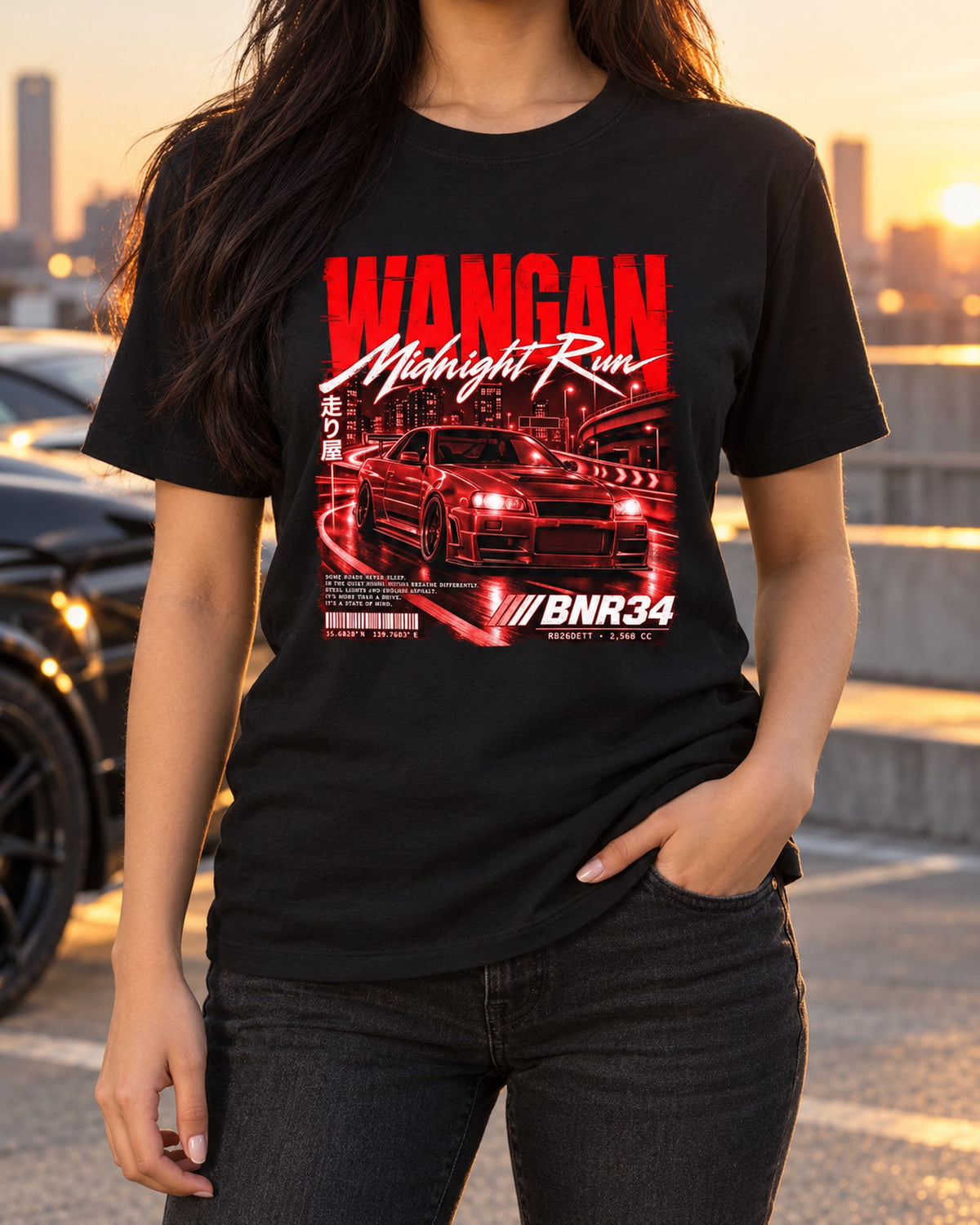 Wangan Midnight Run Poster Shirt, Skyline R34 BNR34 T-Shirt Black worn hero