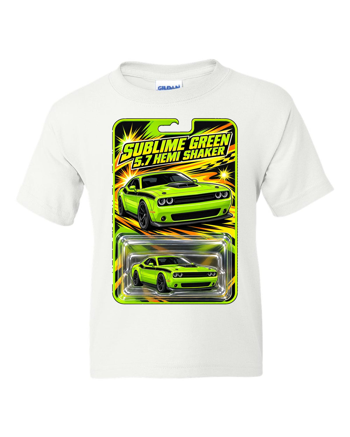 Blister toy card print of a 2015 Dodge Challenger R/T Shaker in Sublime Green white kids tee front view with the design