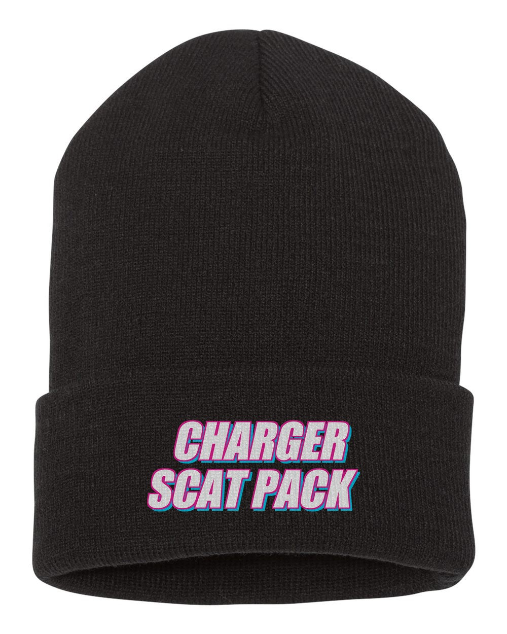 Charger Scat Pack black beanie front view with car name