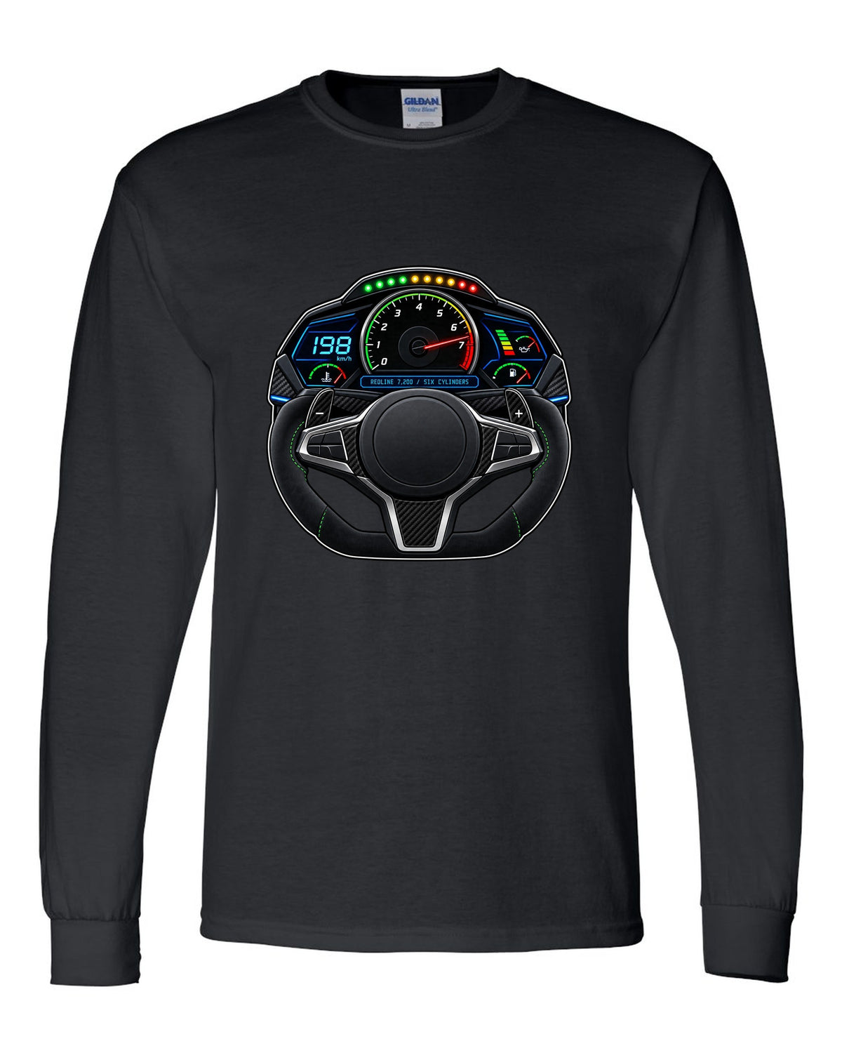 BMW G80 M3 interior gauge cluster HUD print with redline 7,200 text black long sleeve front view with the design